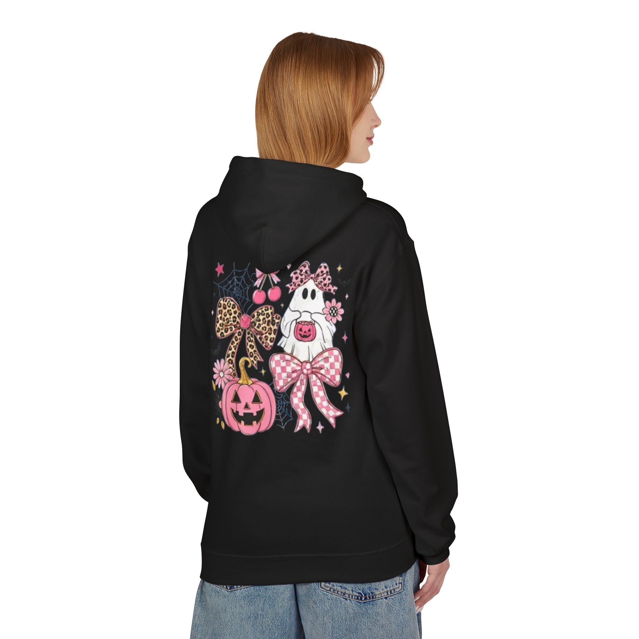 Pink Halloween Ghost Hoodie — Cute Pumpkin, Leopard Bow & Spiderweb Graphic