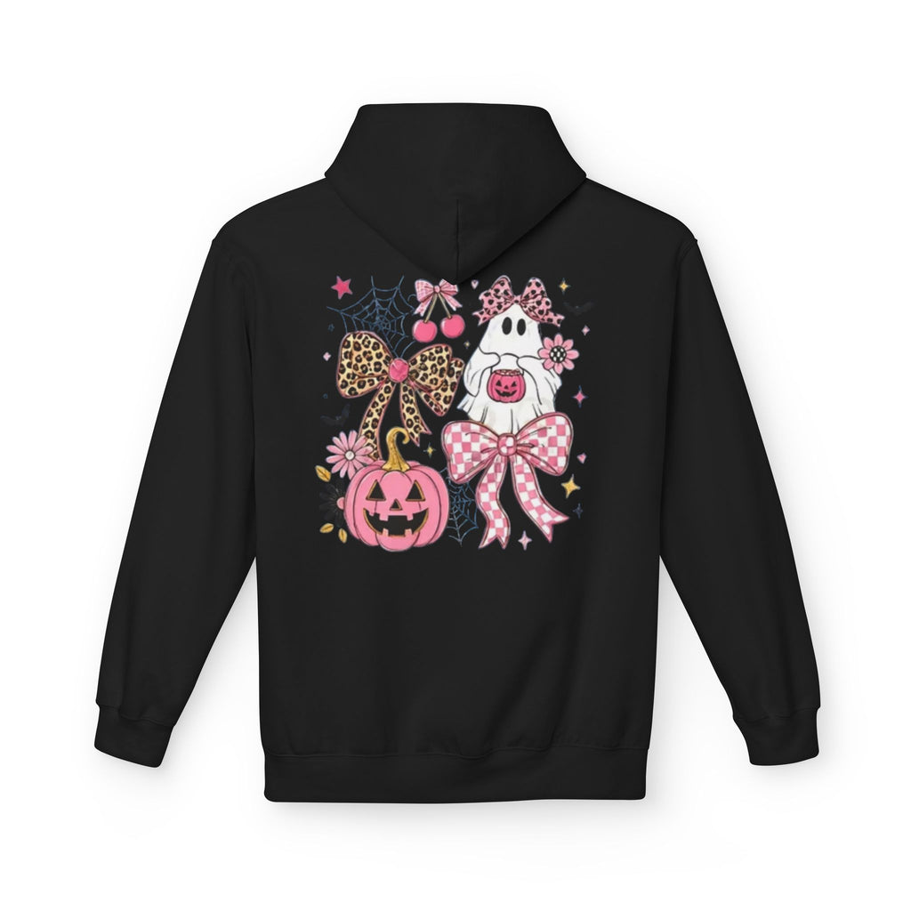 Pink Halloween Ghost Hoodie — Cute Pumpkin, Leopard Bow & Spiderweb Graphic