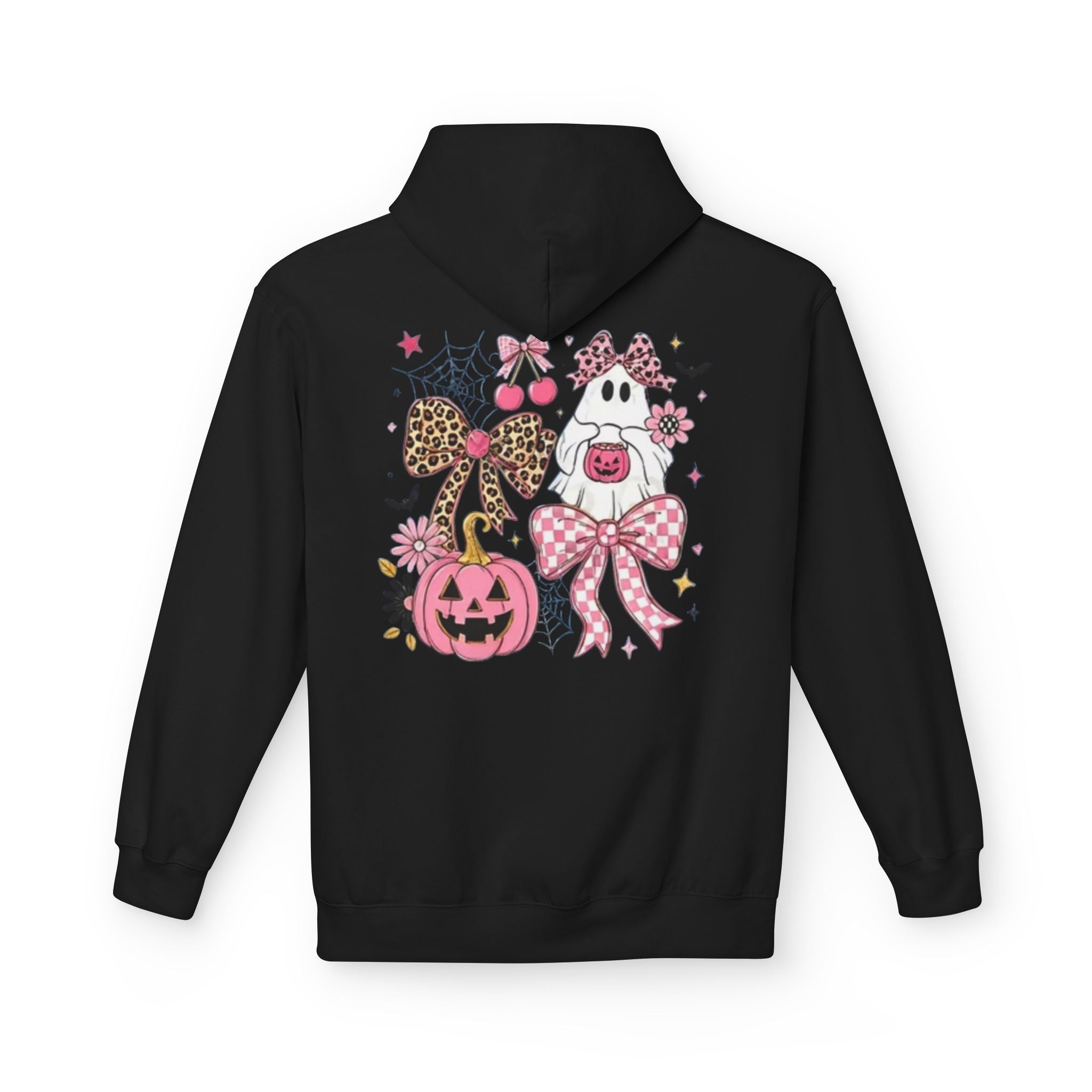 Pink Halloween Ghost Hoodie — Cute Pumpkin, Leopard Bow & Spiderweb Graphic