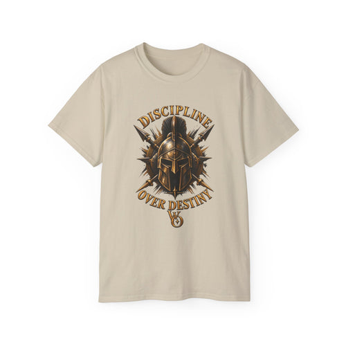 AA Discipline Over Destiny Tee — Forged Not Favored Spartan Helmet T-Shirt