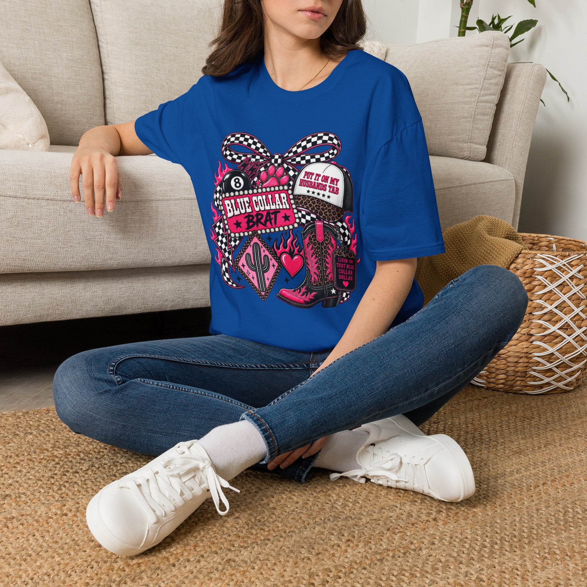 T-Shirt — Blue Collar Brat Graphic Tee (Pink Checkerboard Heart, 'Put On My Workin' Hat')