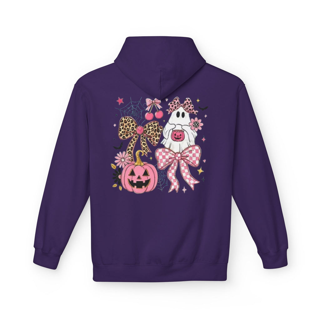 Pink Halloween Ghost Hoodie — Cute Pumpkin, Leopard Bow & Spiderweb Graphic