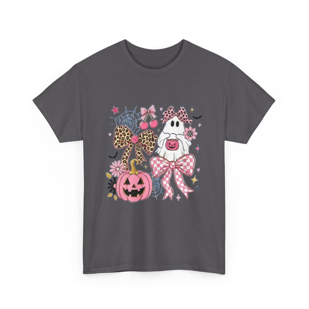 Halloween Pink Pumpkin Tee — Cute Leopard Bow Ghost Graphic Shirt