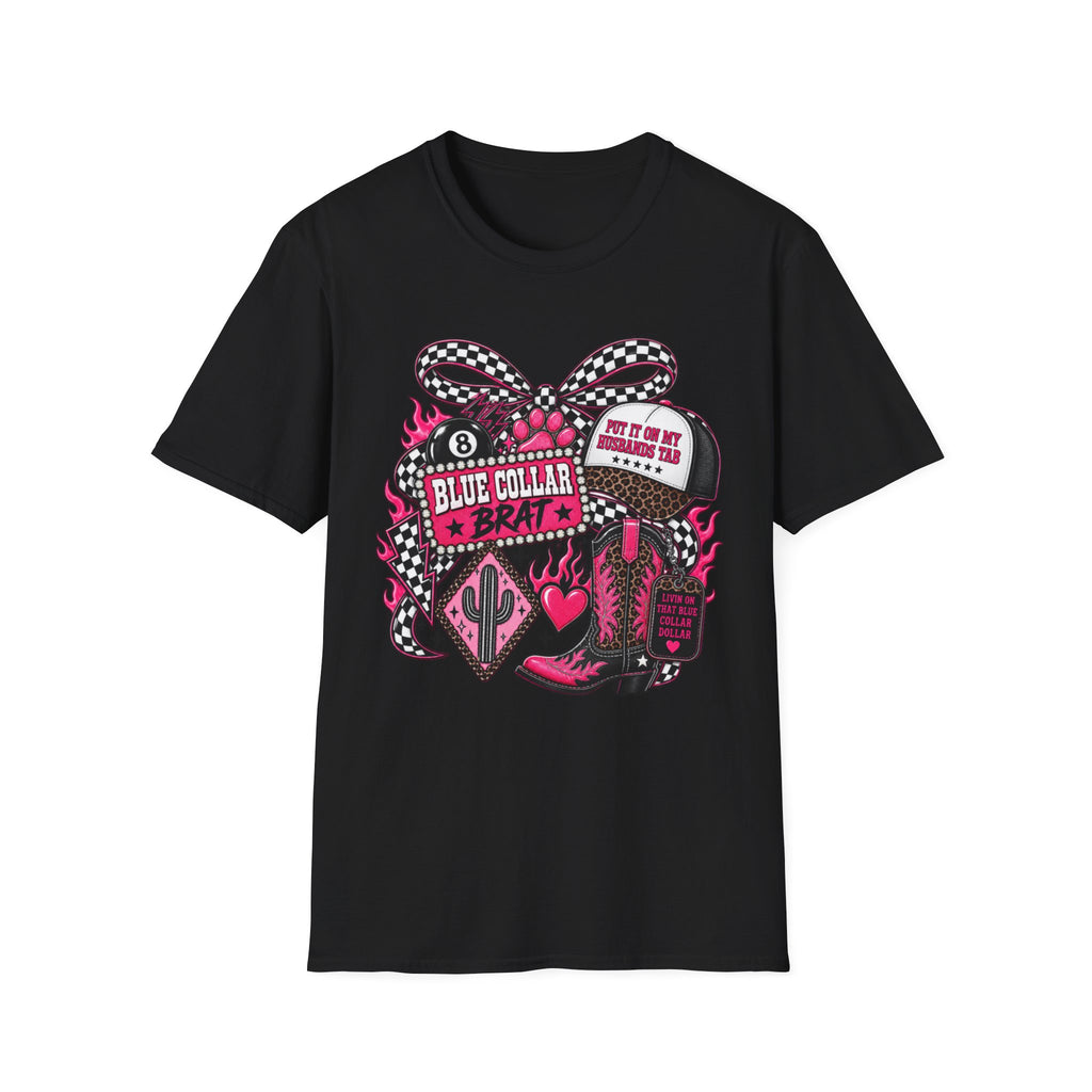 T-Shirt — Blue Collar Brat Graphic Tee (Pink Checkerboard Heart, 'Put On My Workin' Hat')