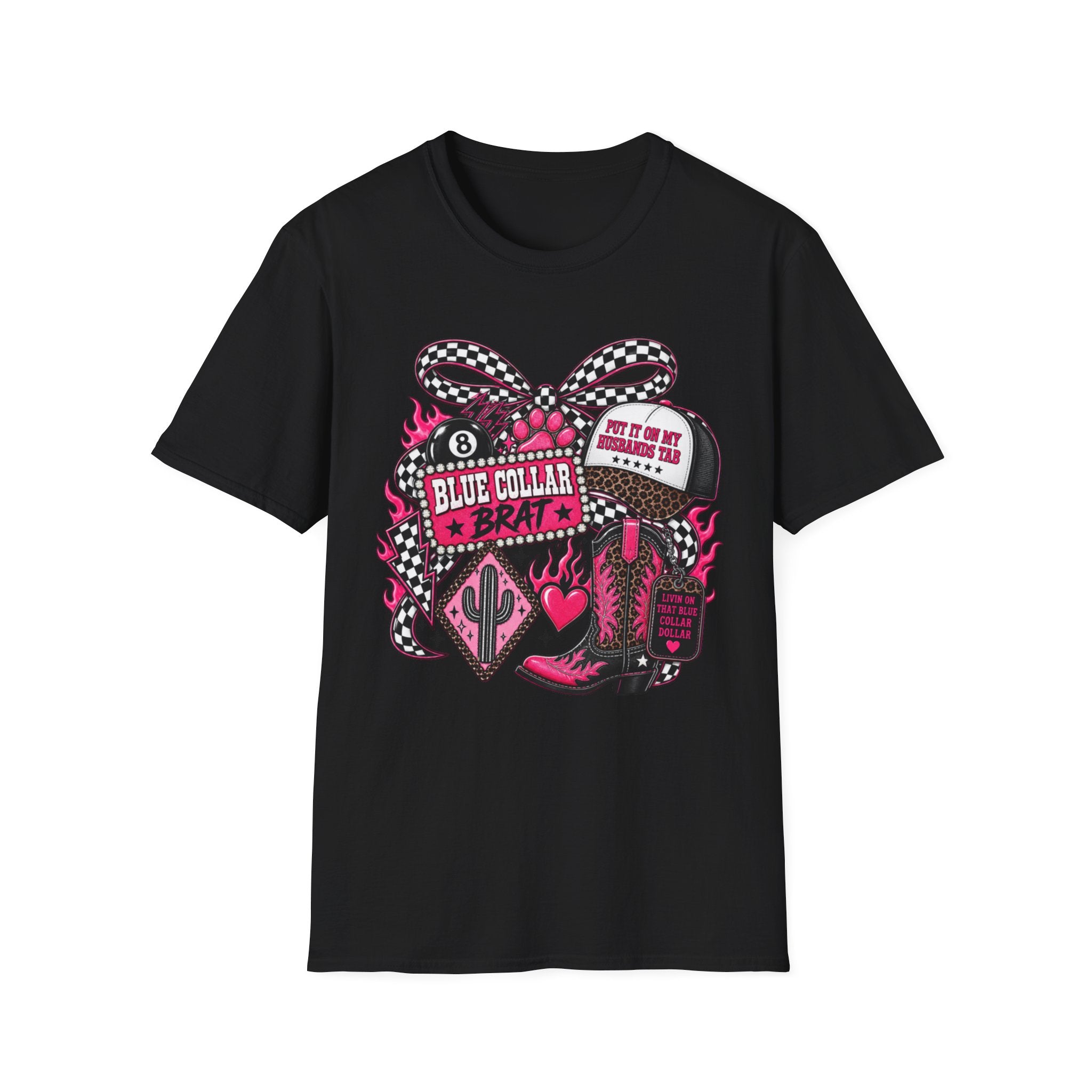 T-Shirt — Blue Collar Brat Graphic Tee (Pink Checkerboard Heart, 'Put On My Workin' Hat')