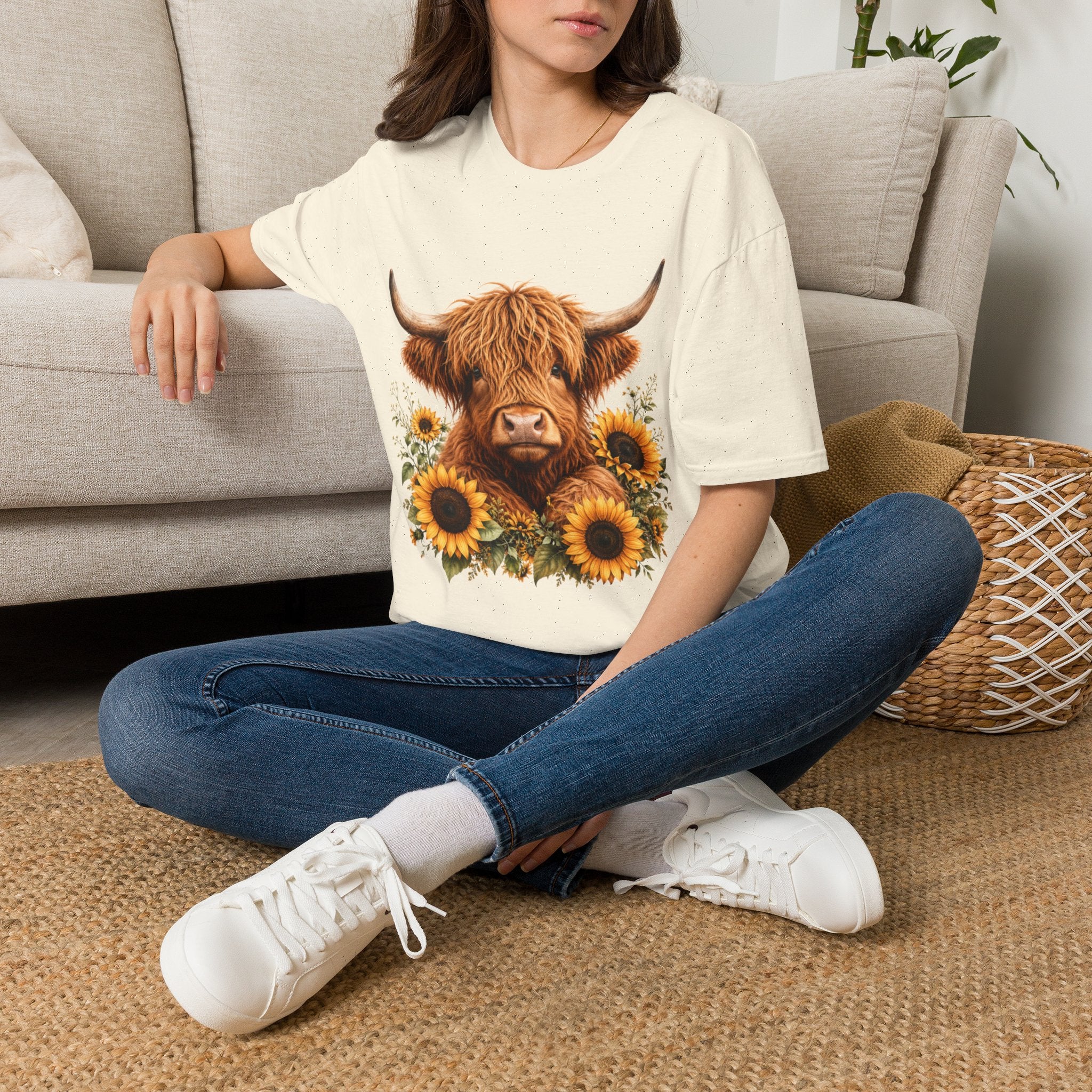 Highland Cow Sunflower T-Shirt — Cute Farm Animal Graphic Tee