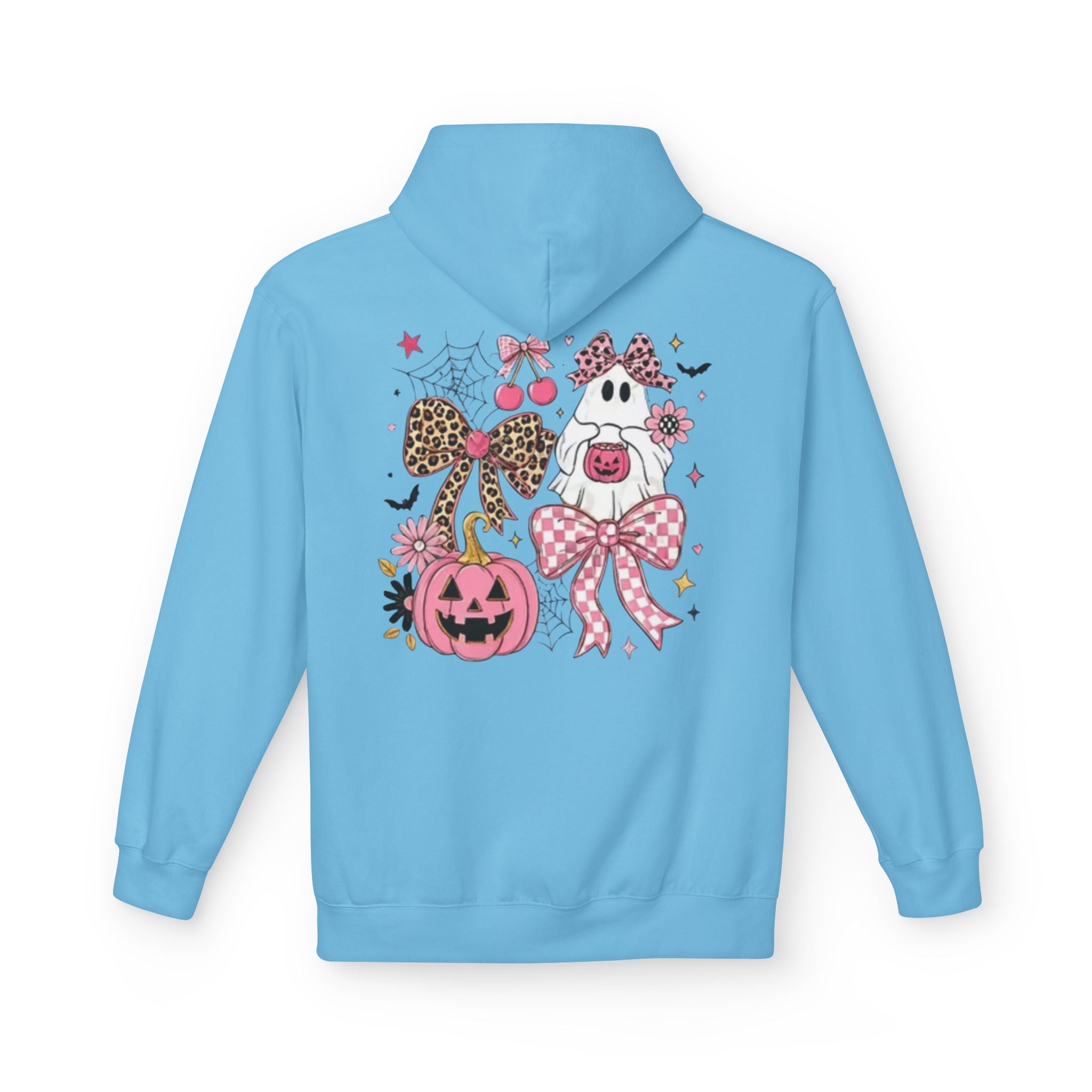 Pink Halloween Ghost Hoodie — Cute Pumpkin, Leopard Bow & Spiderweb Graphic