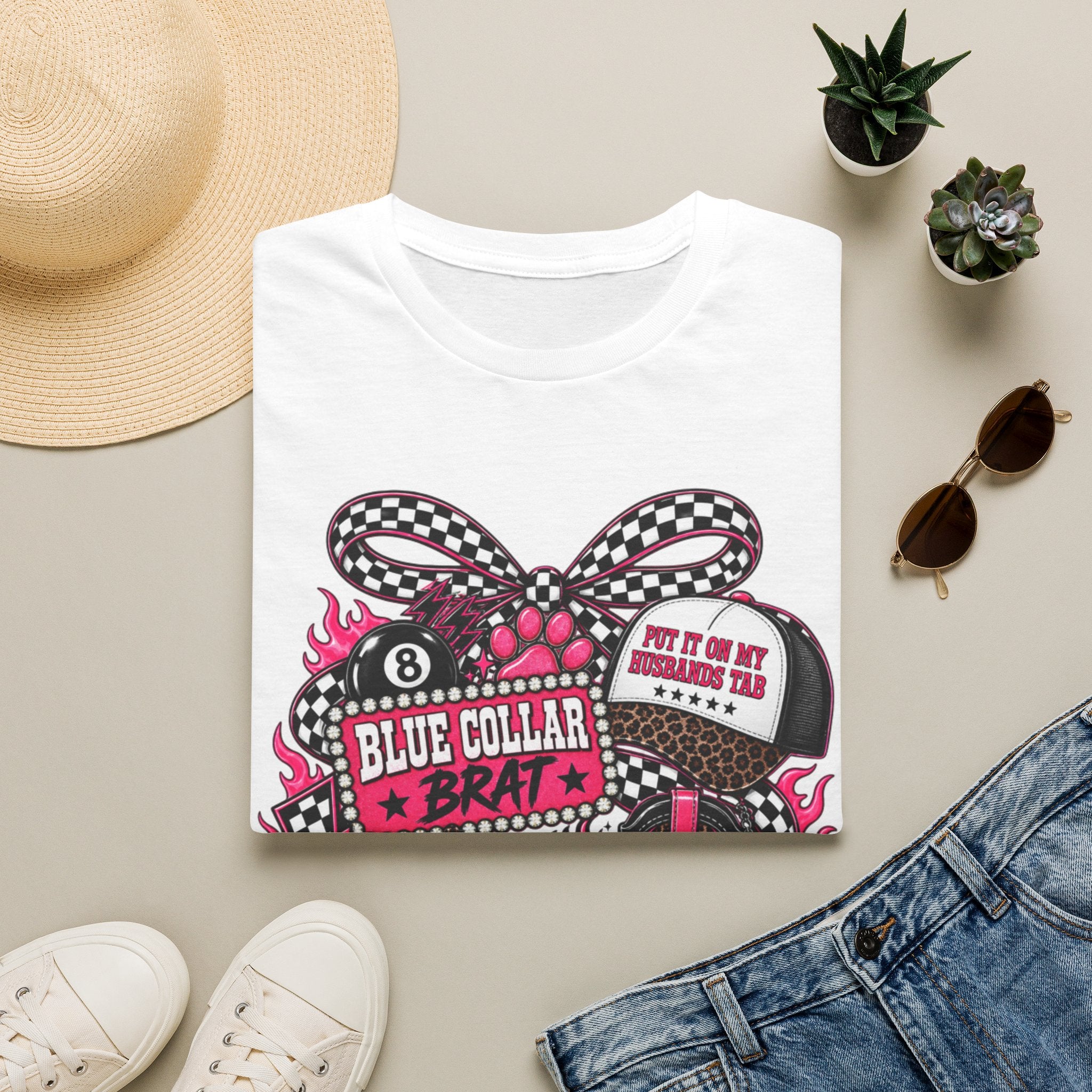 T-Shirt — Blue Collar Brat Graphic Tee (Pink Checkerboard Heart, 'Put On My Workin' Hat')
