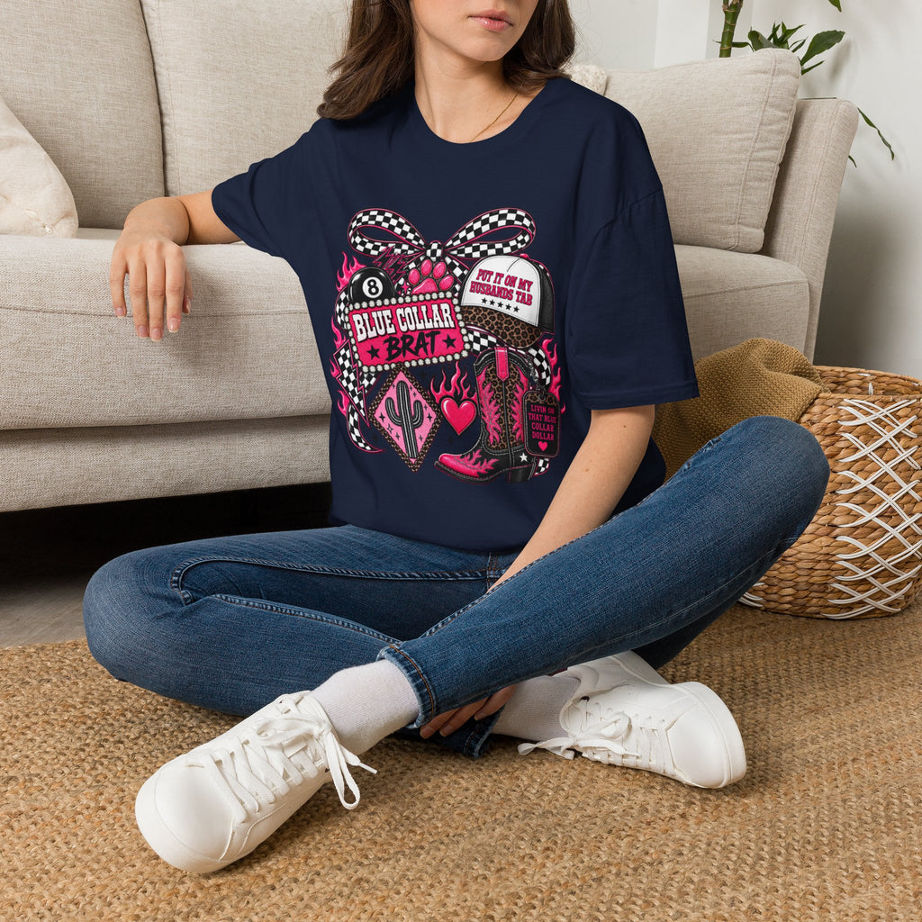 T-Shirt — Blue Collar Brat Graphic Tee (Pink Checkerboard Heart, 'Put On My Workin' Hat')