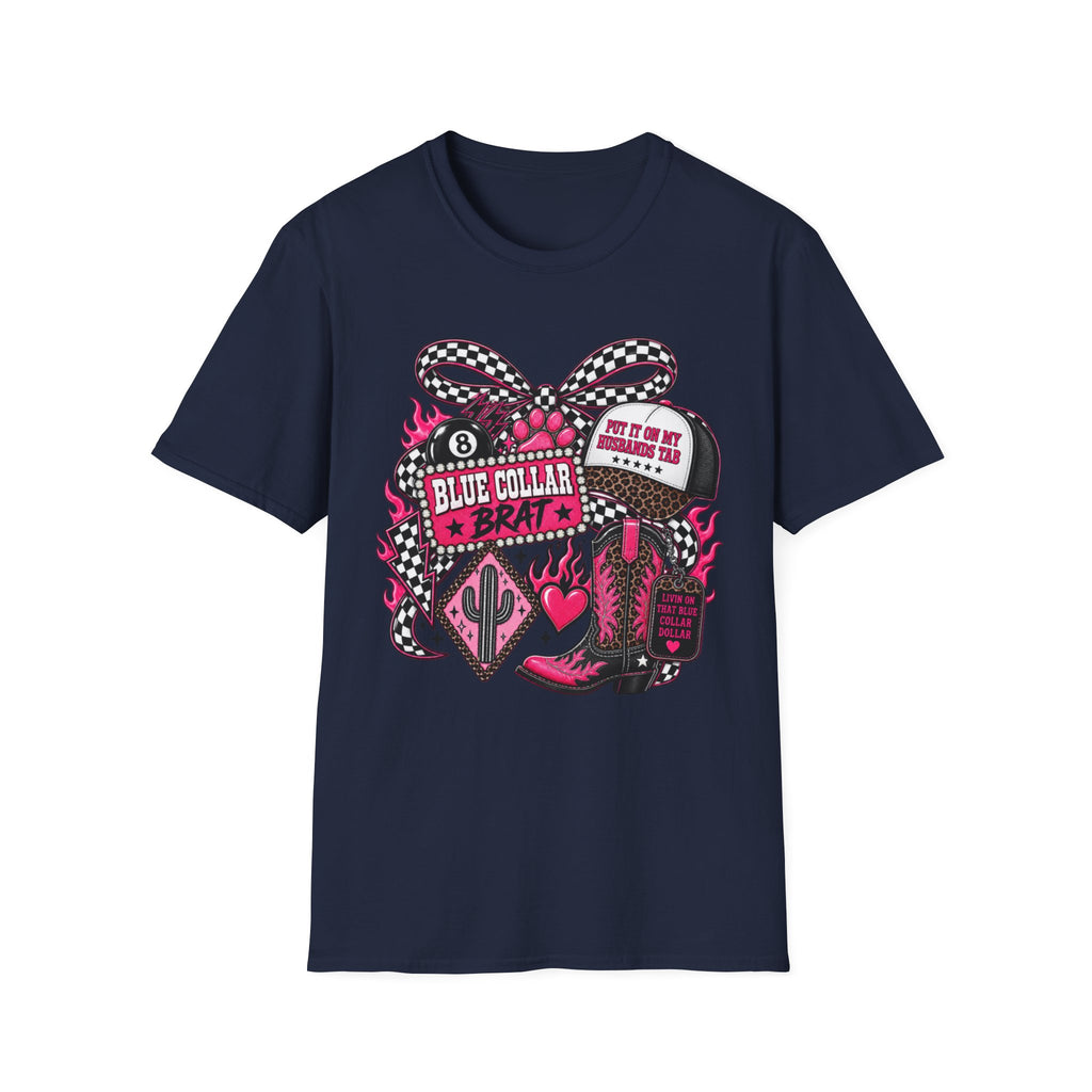 T-Shirt — Blue Collar Brat Graphic Tee (Pink Checkerboard Heart, 'Put On My Workin' Hat')