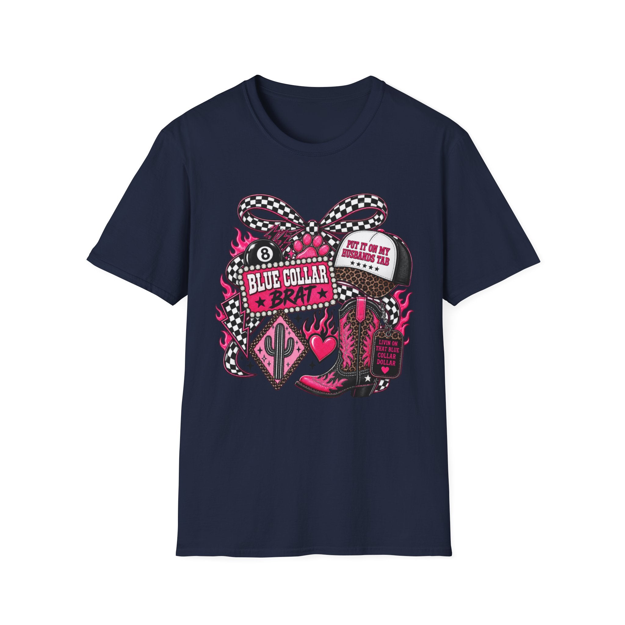 T-Shirt — Blue Collar Brat Graphic Tee (Pink Checkerboard Heart, 'Put On My Workin' Hat')
