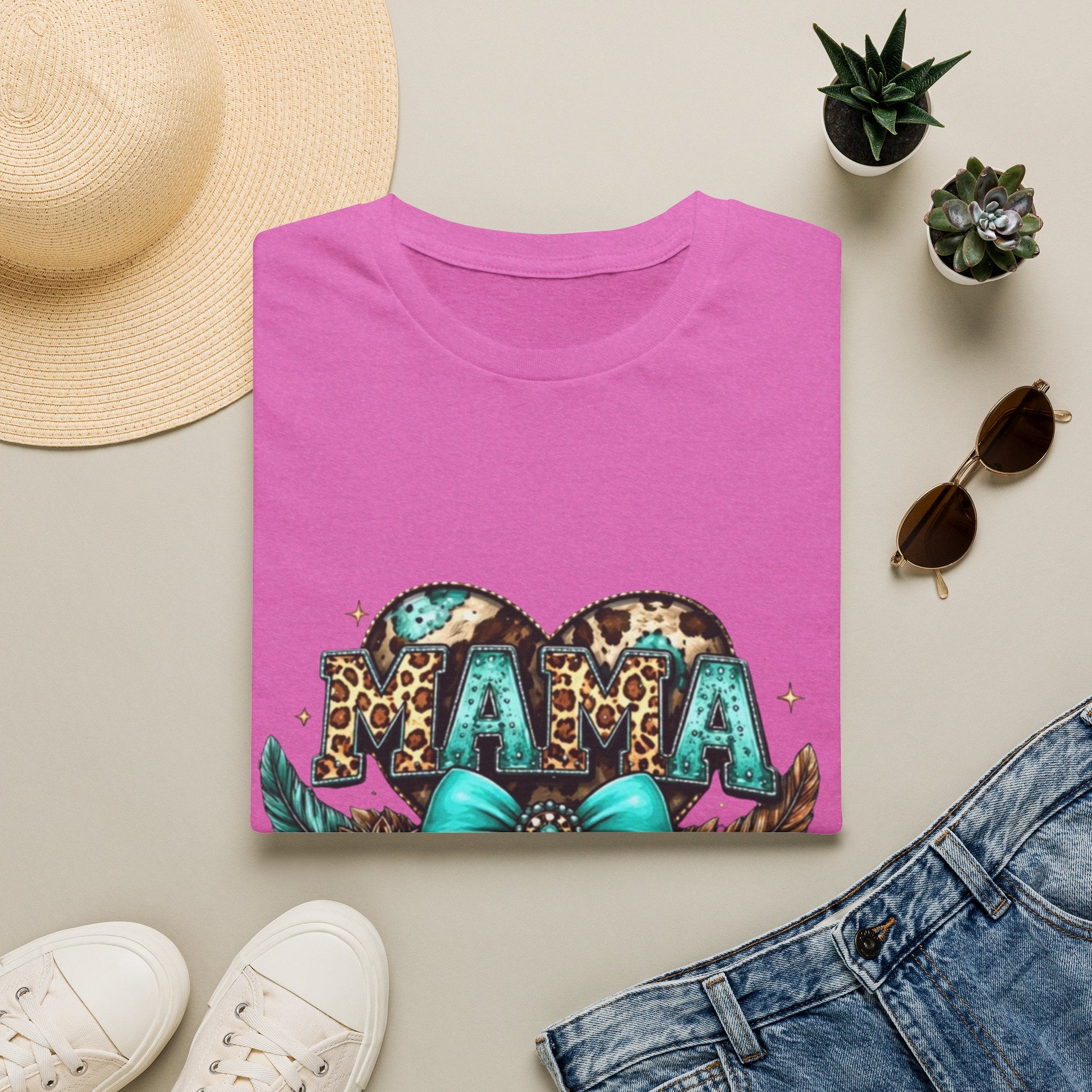 Mama Leopard Heart T-Shirt — Turquoise Bow Mother's Day Tee