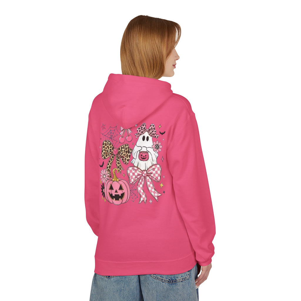 Pink Halloween Ghost Hoodie — Cute Pumpkin, Leopard Bow & Spiderweb Graphic