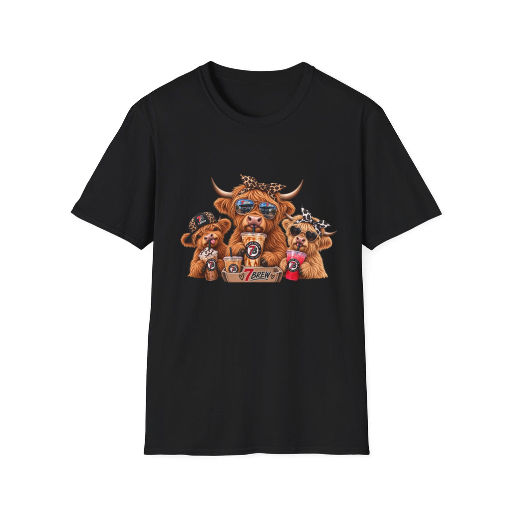 Cow Trio Graphic T-Shirt — Cute Highland Cow Family with Sunglasses & Bandanas