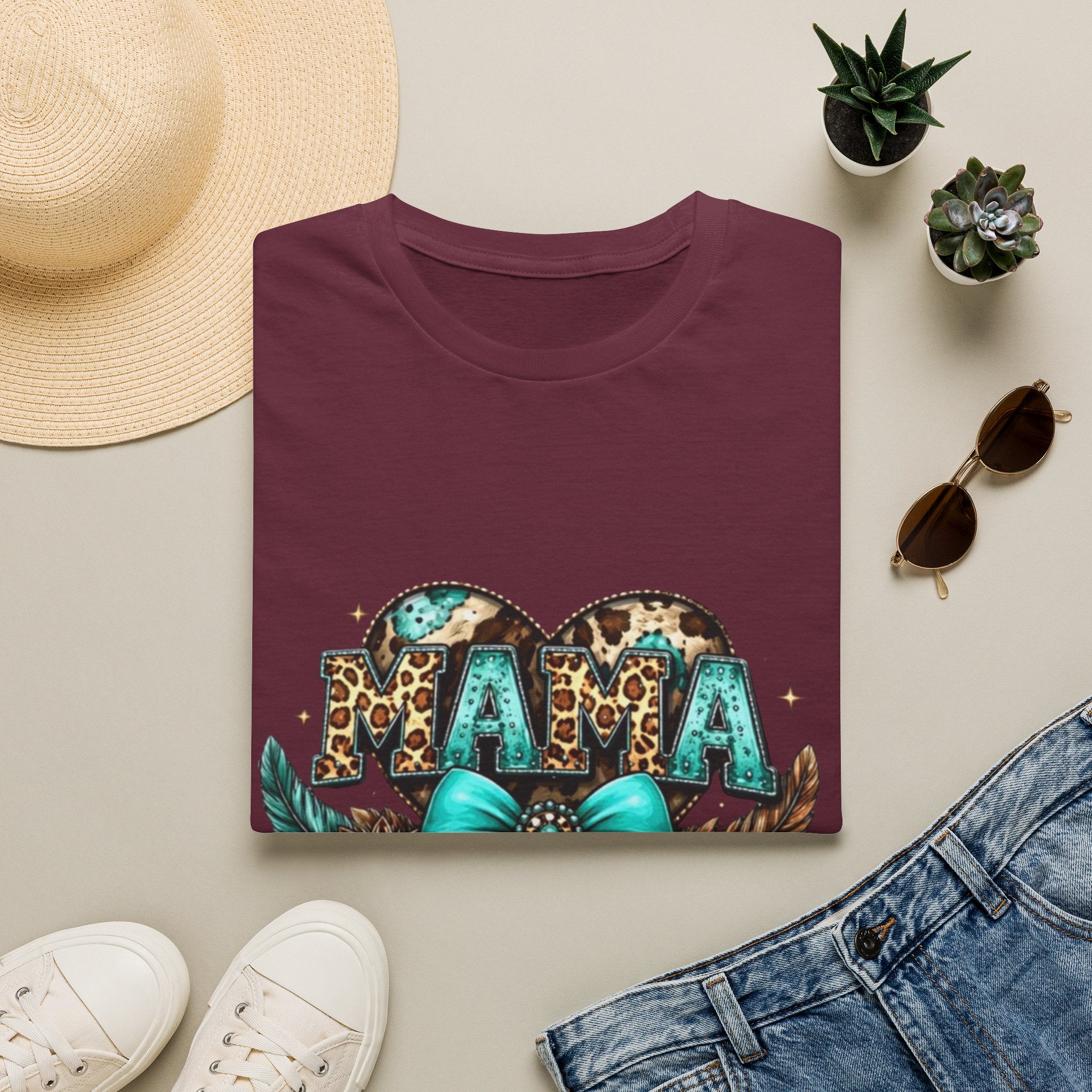 Mama Leopard Heart T-Shirt — Turquoise Bow Mother's Day Tee