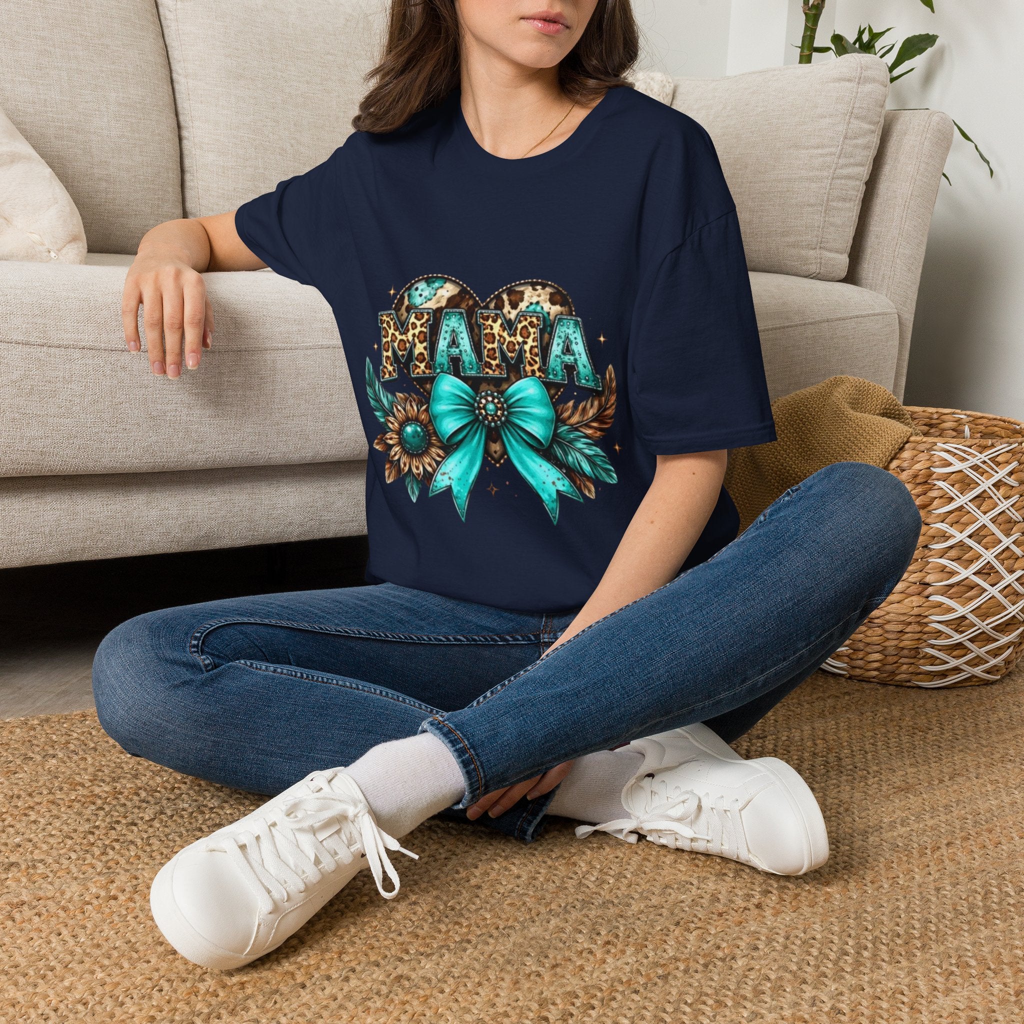 Mama Leopard Heart T-Shirt — Turquoise Bow Mother's Day Tee