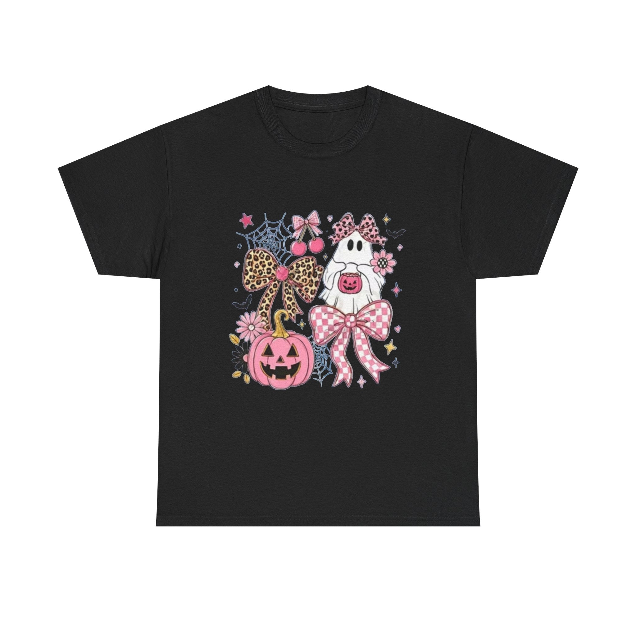 Halloween Pink Pumpkin Tee — Cute Leopard Bow Ghost Graphic Shirt