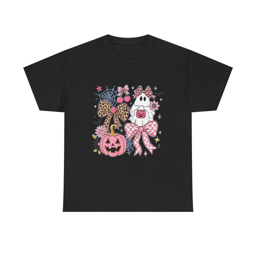 Halloween Pink Pumpkin Tee — Cute Leopard Bow Ghost Graphic Shirt