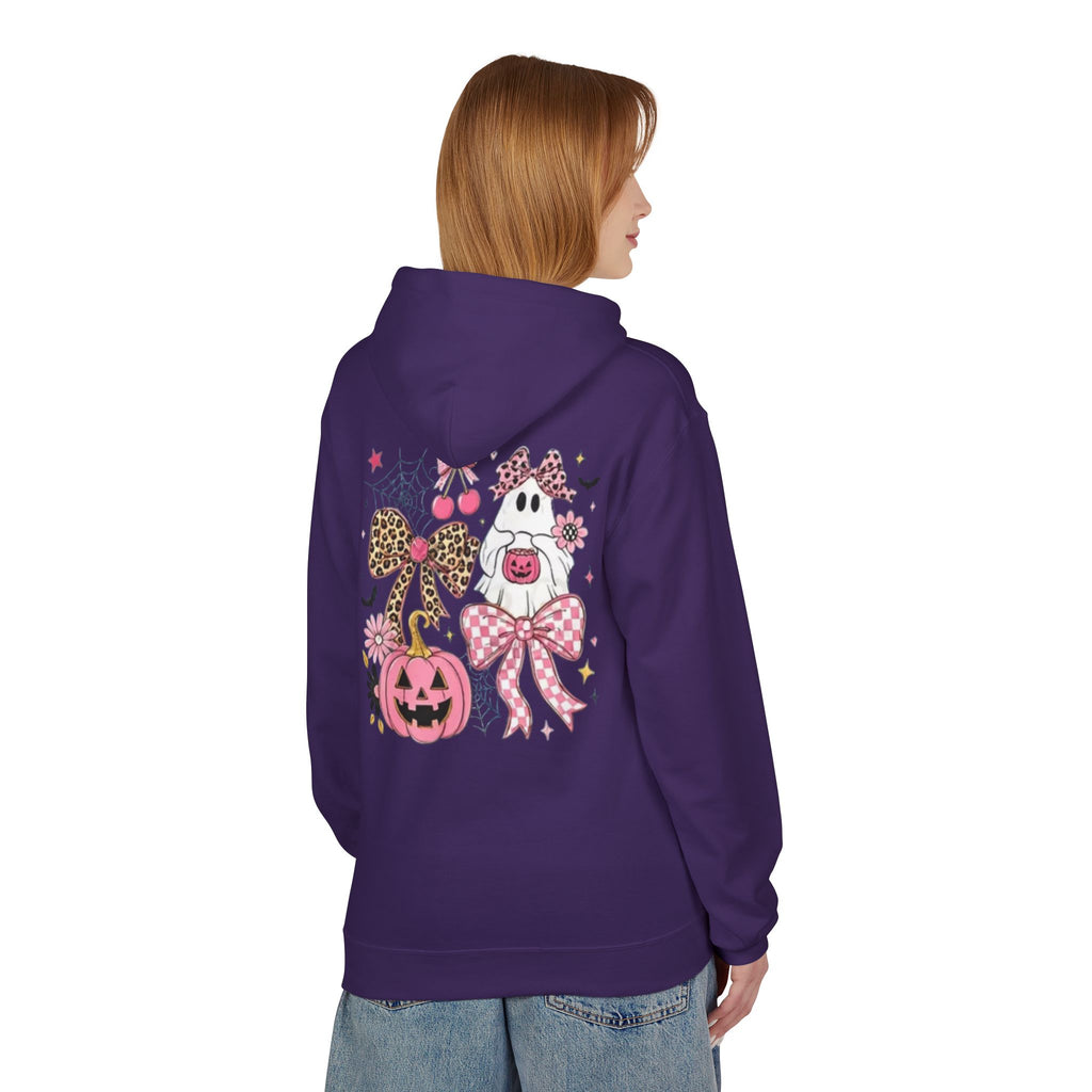 Pink Halloween Ghost Hoodie — Cute Pumpkin, Leopard Bow & Spiderweb Graphic
