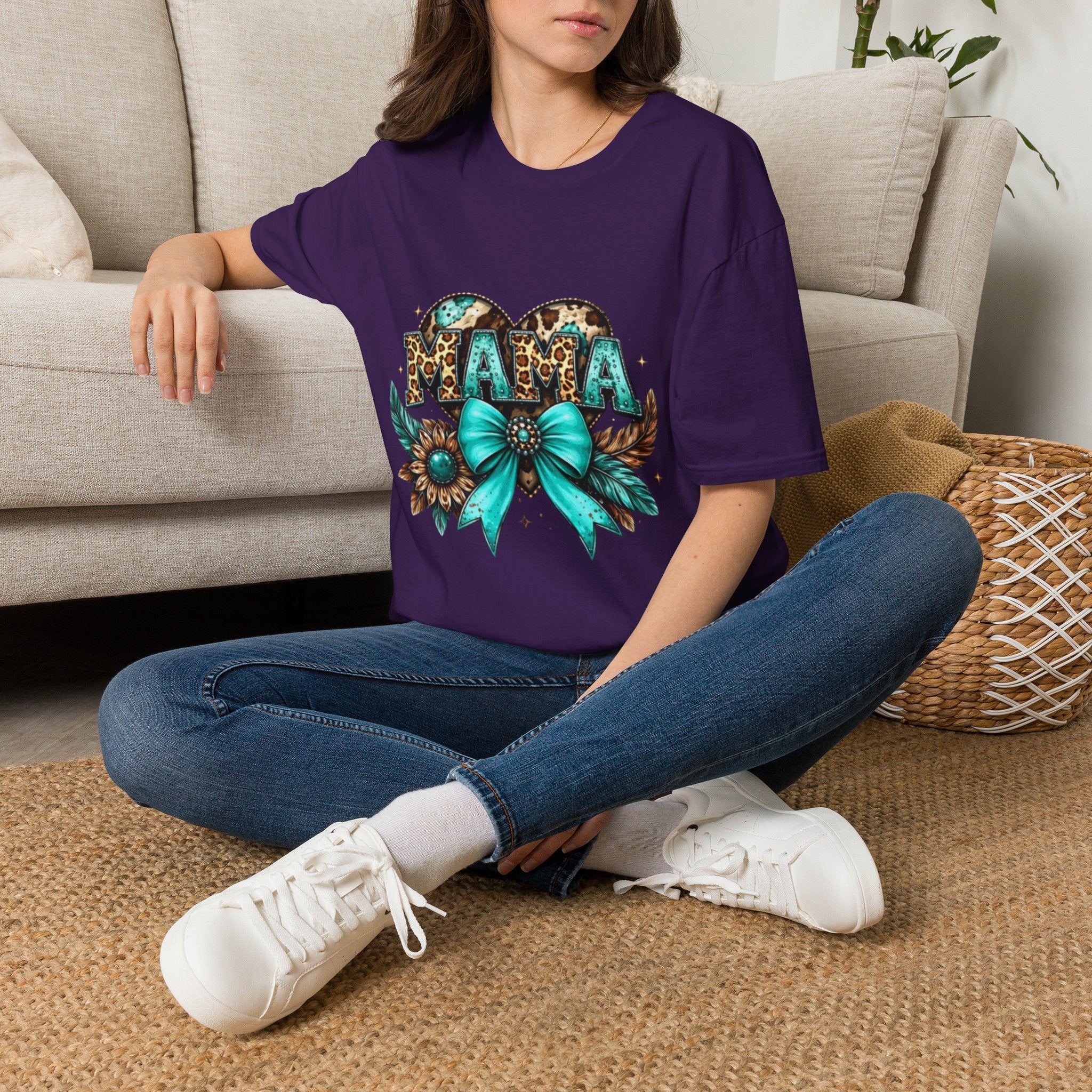 Mama Leopard Heart T-Shirt — Turquoise Bow Mother's Day Tee