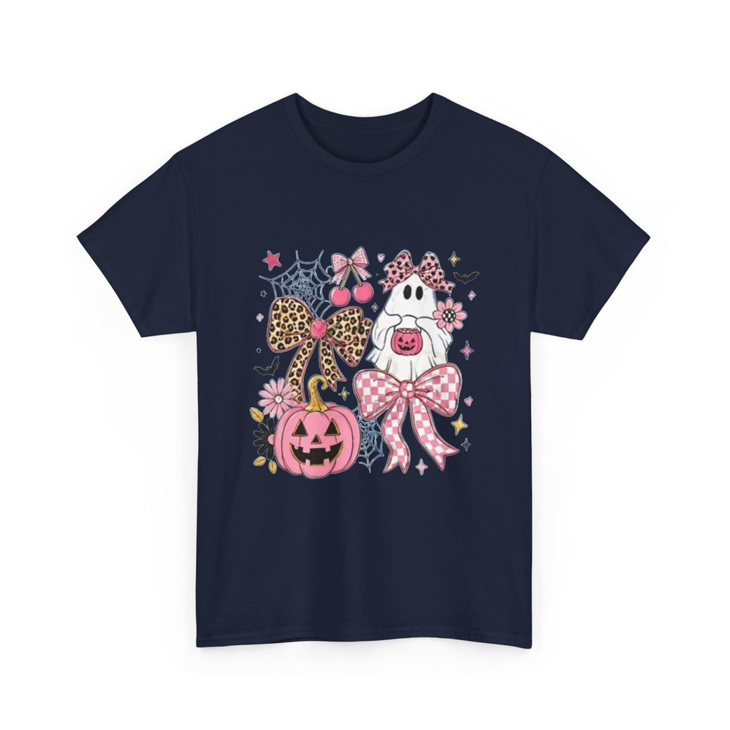 Halloween Pink Pumpkin Tee — Cute Leopard Bow Ghost Graphic Shirt