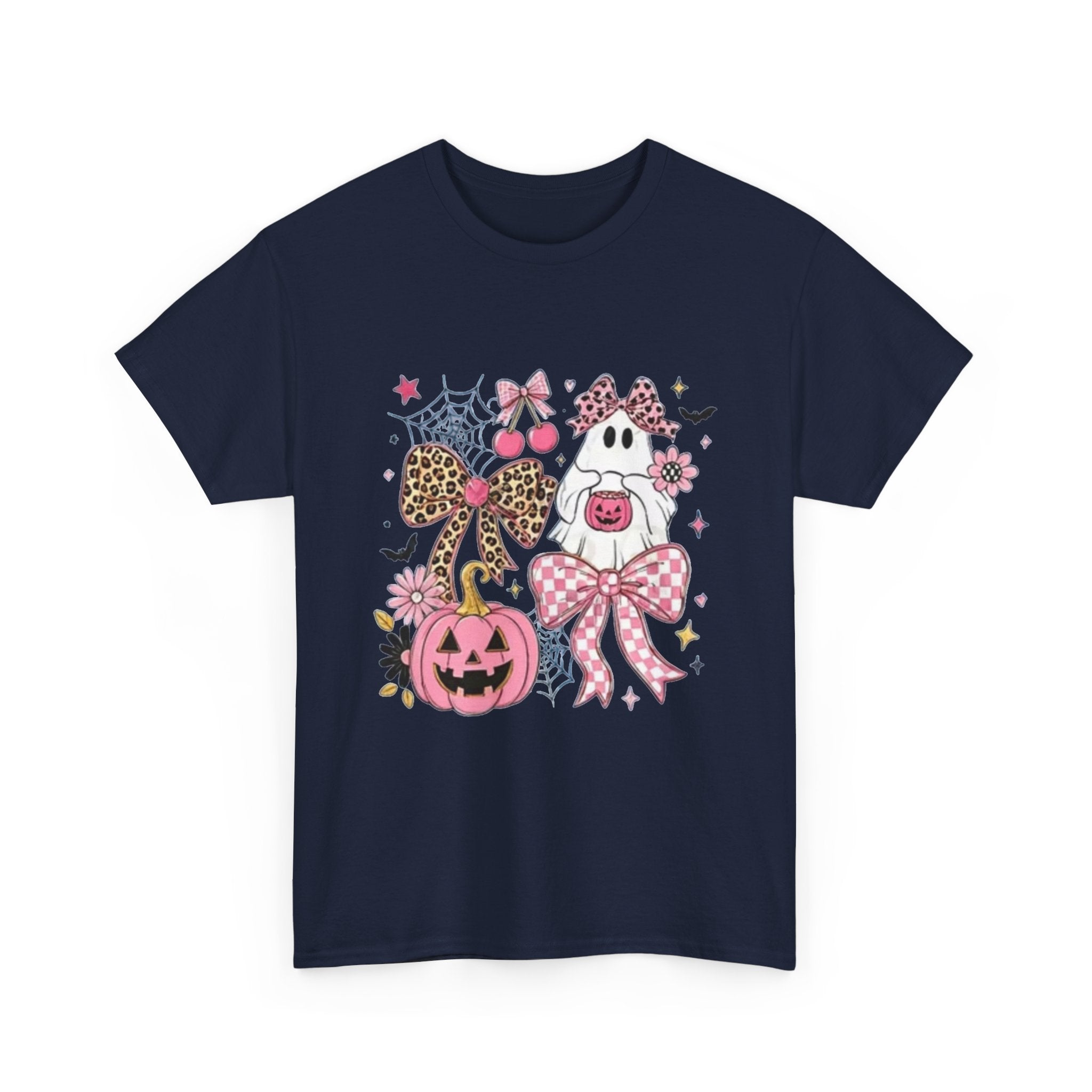 Halloween Pink Pumpkin Tee — Cute Leopard Bow Ghost Graphic Shirt