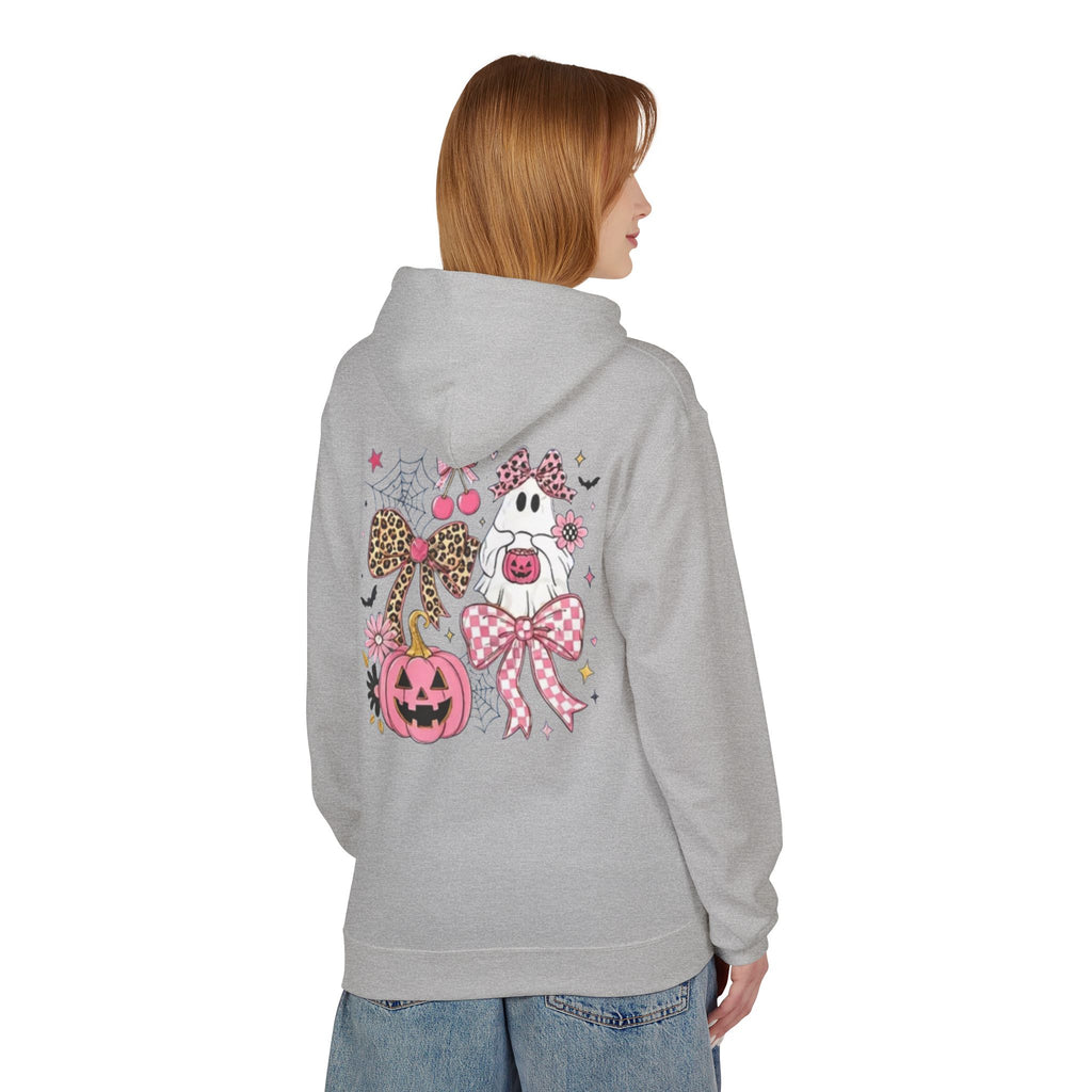 Pink Halloween Ghost Hoodie — Cute Pumpkin, Leopard Bow & Spiderweb Graphic