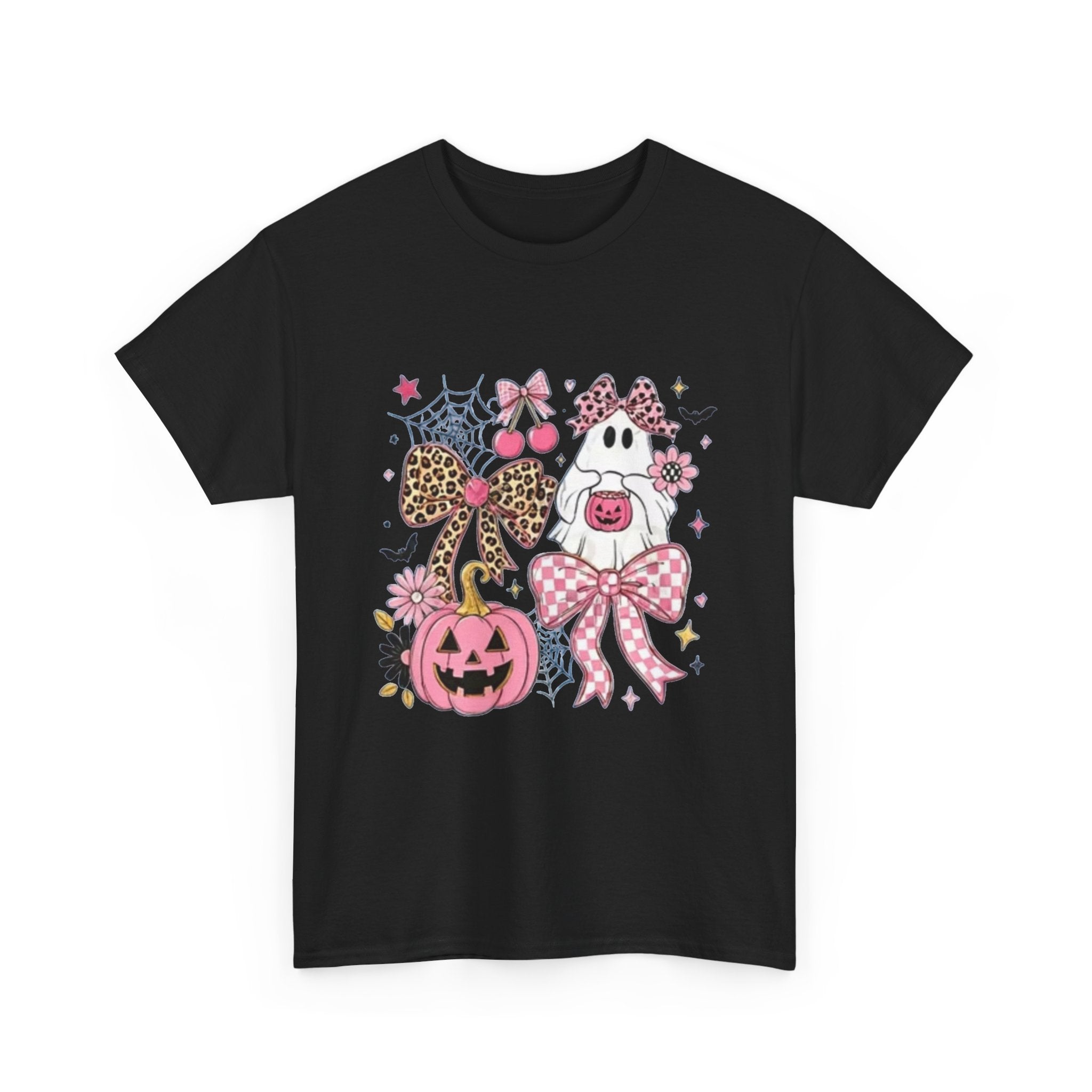 Halloween Pink Pumpkin Tee — Cute Leopard Bow Ghost Graphic Shirt