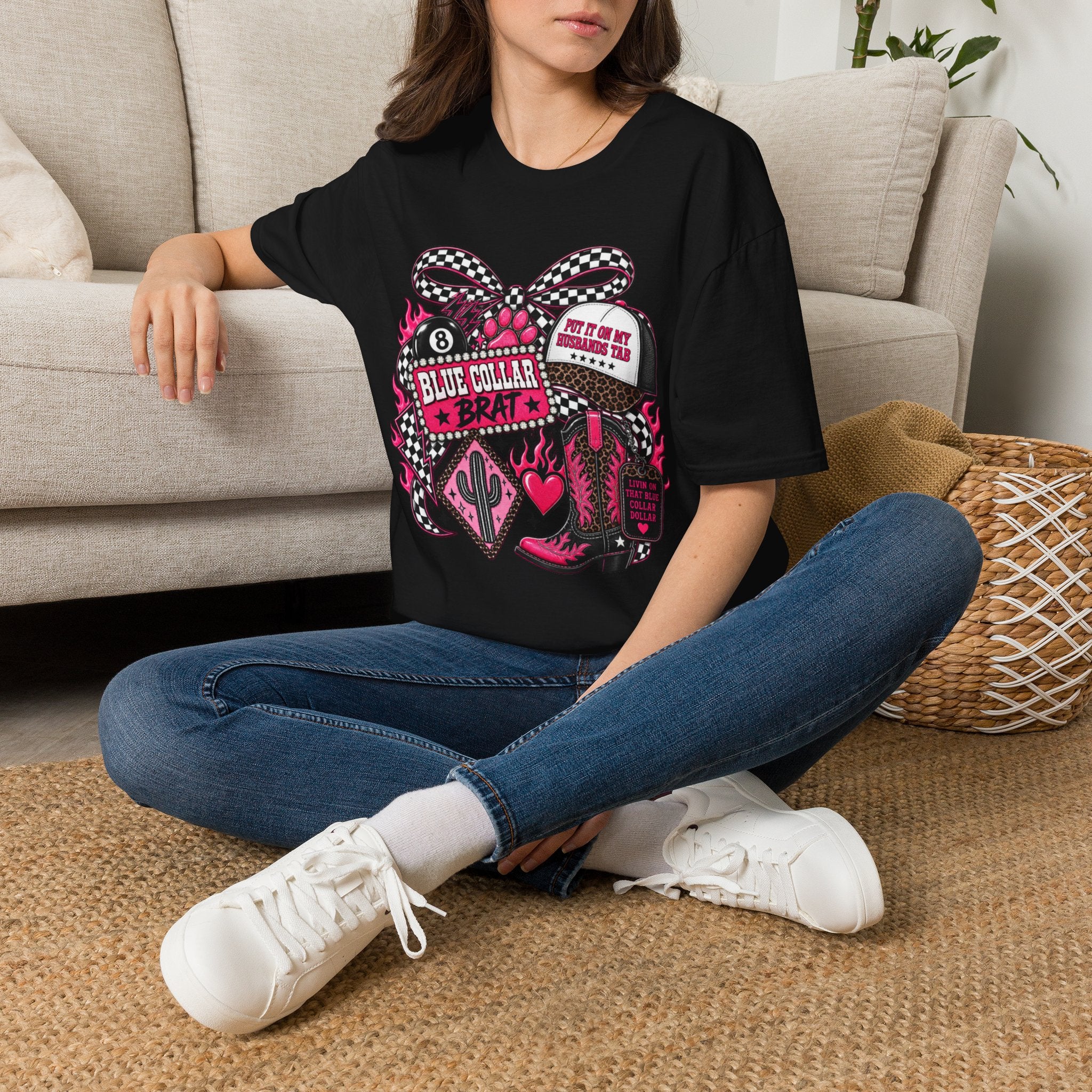 T-Shirt — Blue Collar Brat Graphic Tee (Pink Checkerboard Heart, 'Put On My Workin' Hat')