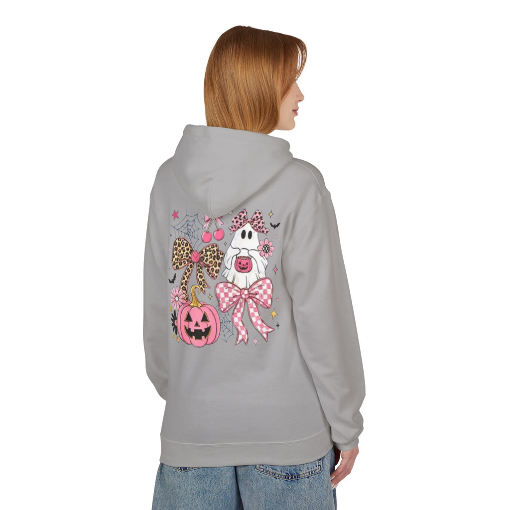 Pink Halloween Ghost Hoodie — Cute Pumpkin, Leopard Bow & Spiderweb Graphic