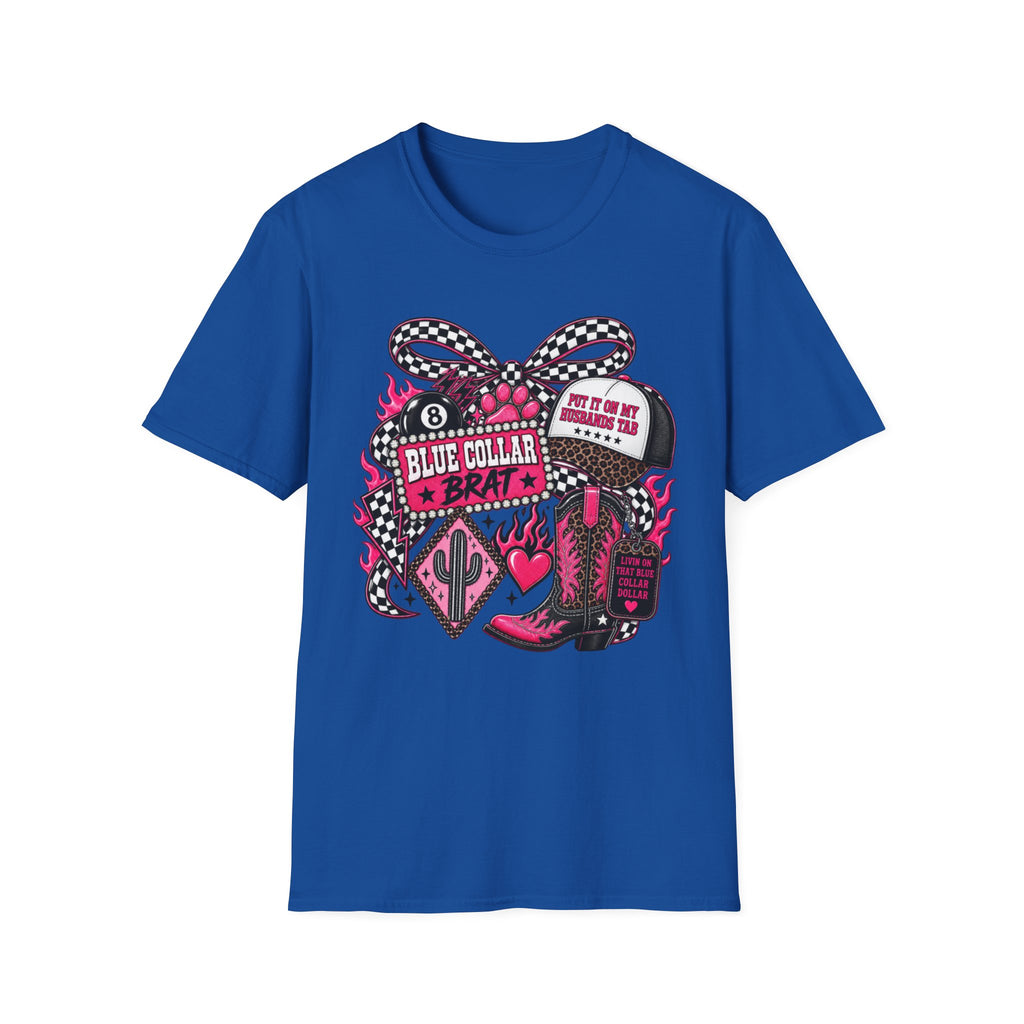 T-Shirt — Blue Collar Brat Graphic Tee (Pink Checkerboard Heart, 'Put On My Workin' Hat')