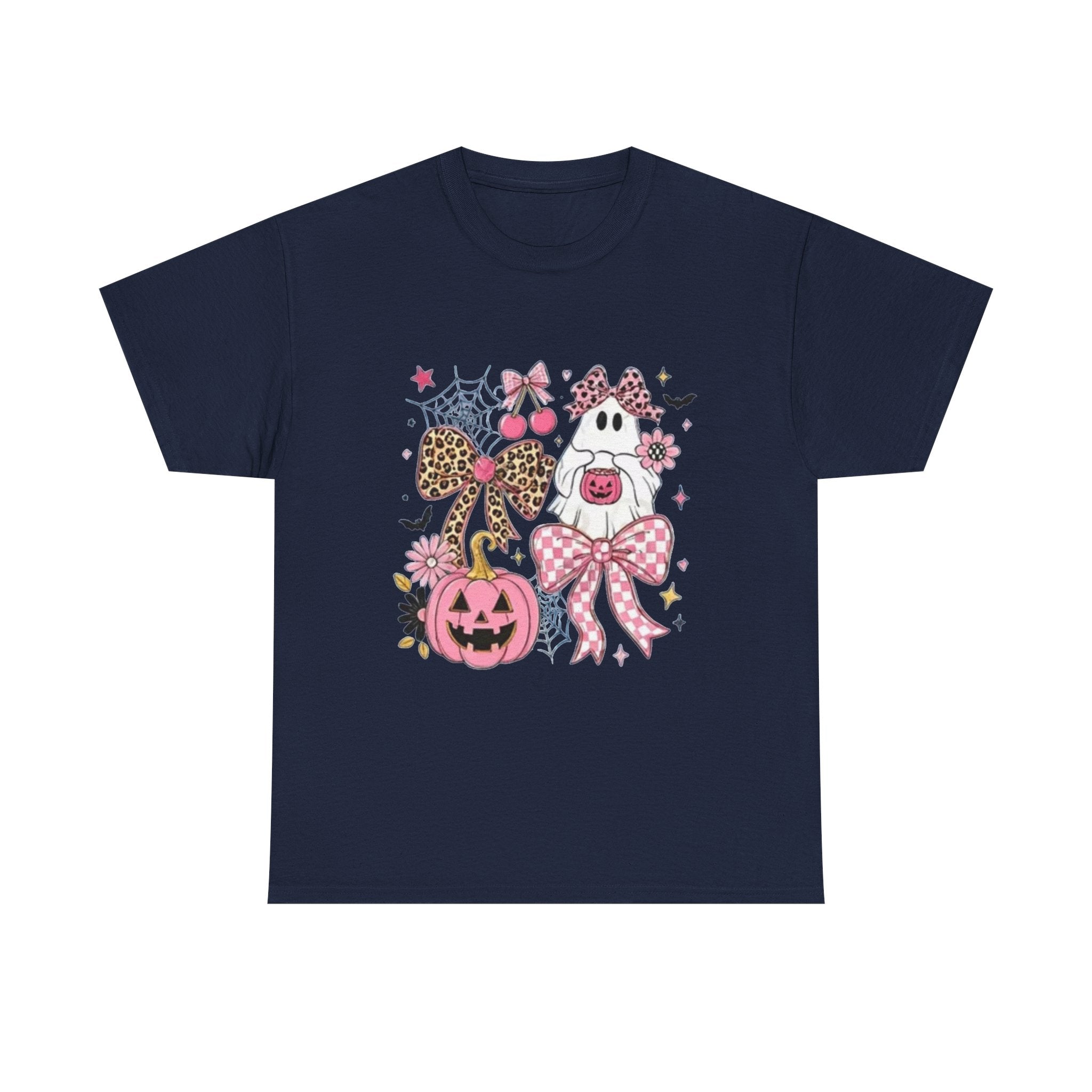 Halloween Pink Pumpkin Tee — Cute Leopard Bow Ghost Graphic Shirt