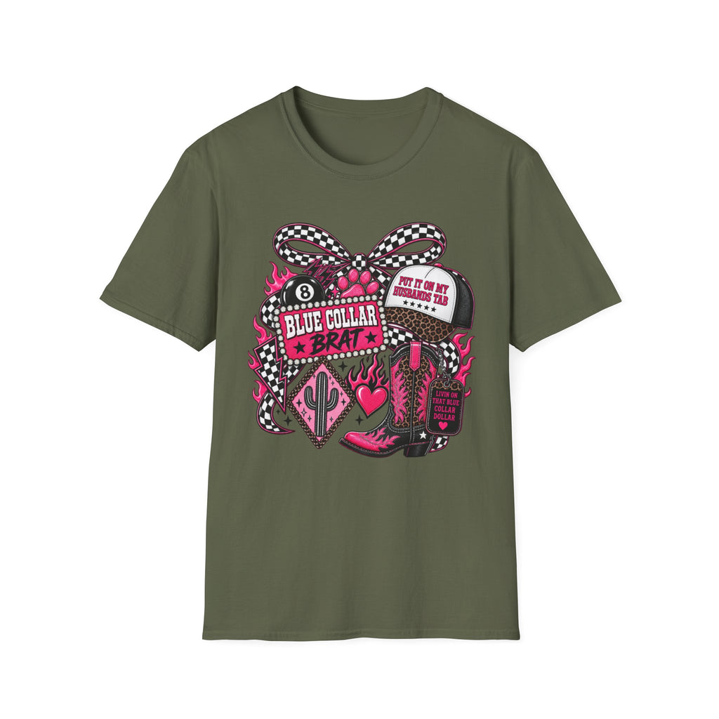 T-Shirt — Blue Collar Brat Graphic Tee (Pink Checkerboard Heart, 'Put On My Workin' Hat')