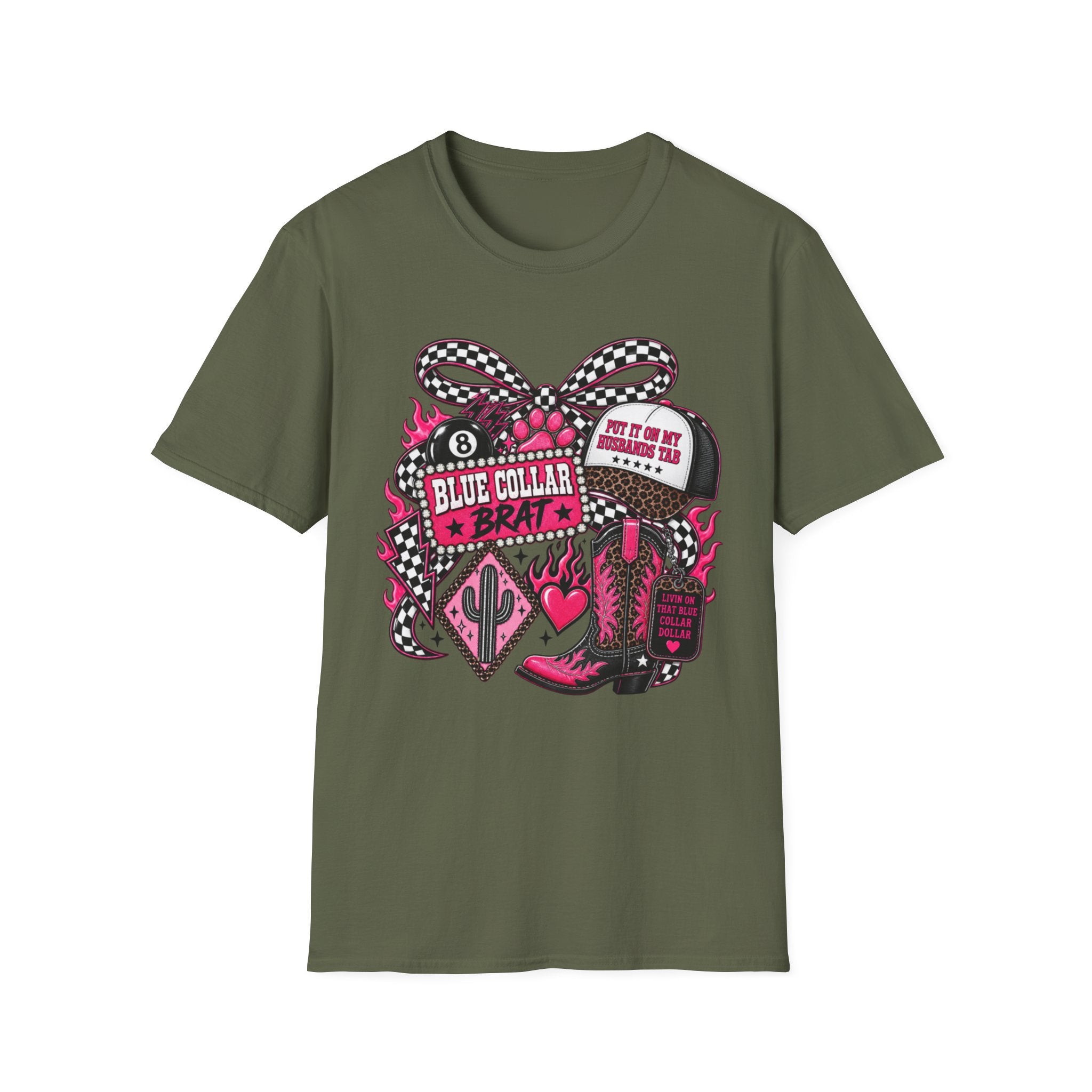 T-Shirt — Blue Collar Brat Graphic Tee (Pink Checkerboard Heart, 'Put On My Workin' Hat')