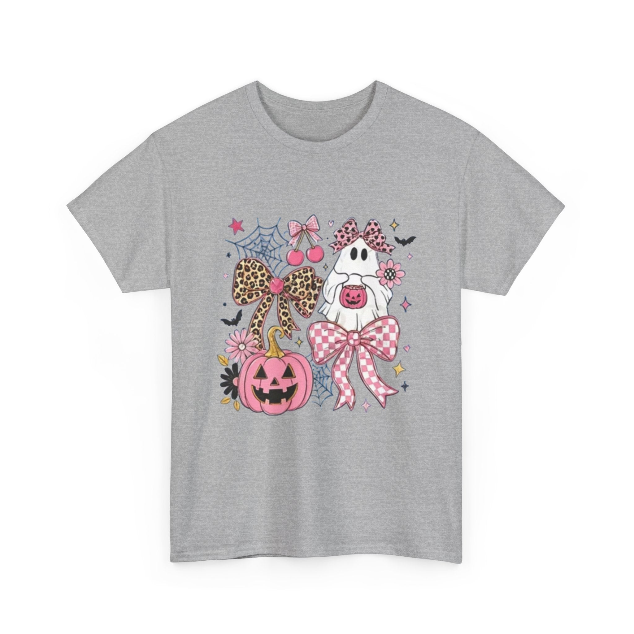 Halloween Pink Pumpkin Tee — Cute Leopard Bow Ghost Graphic Shirt