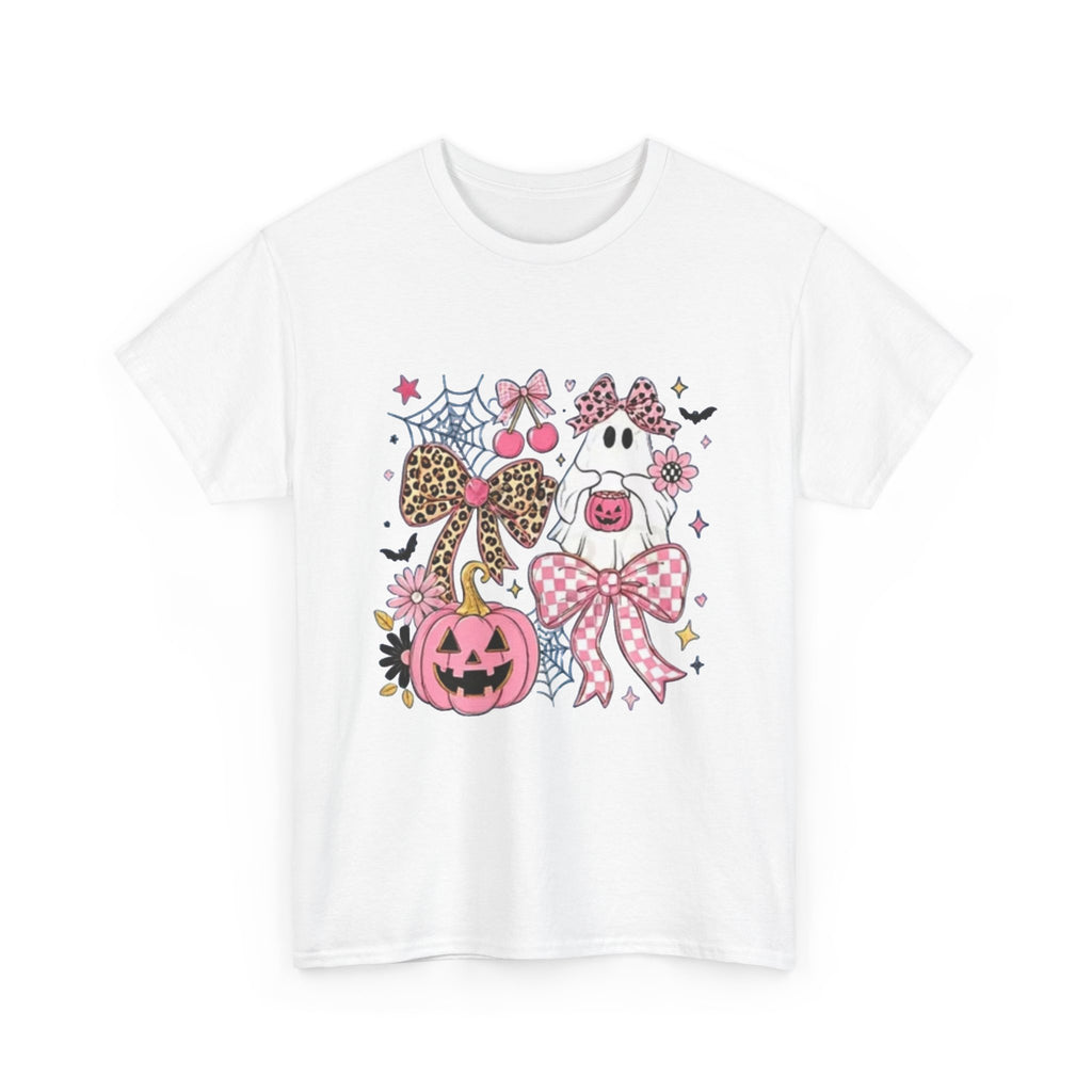 Halloween Pink Pumpkin Tee — Cute Leopard Bow Ghost Graphic Shirt