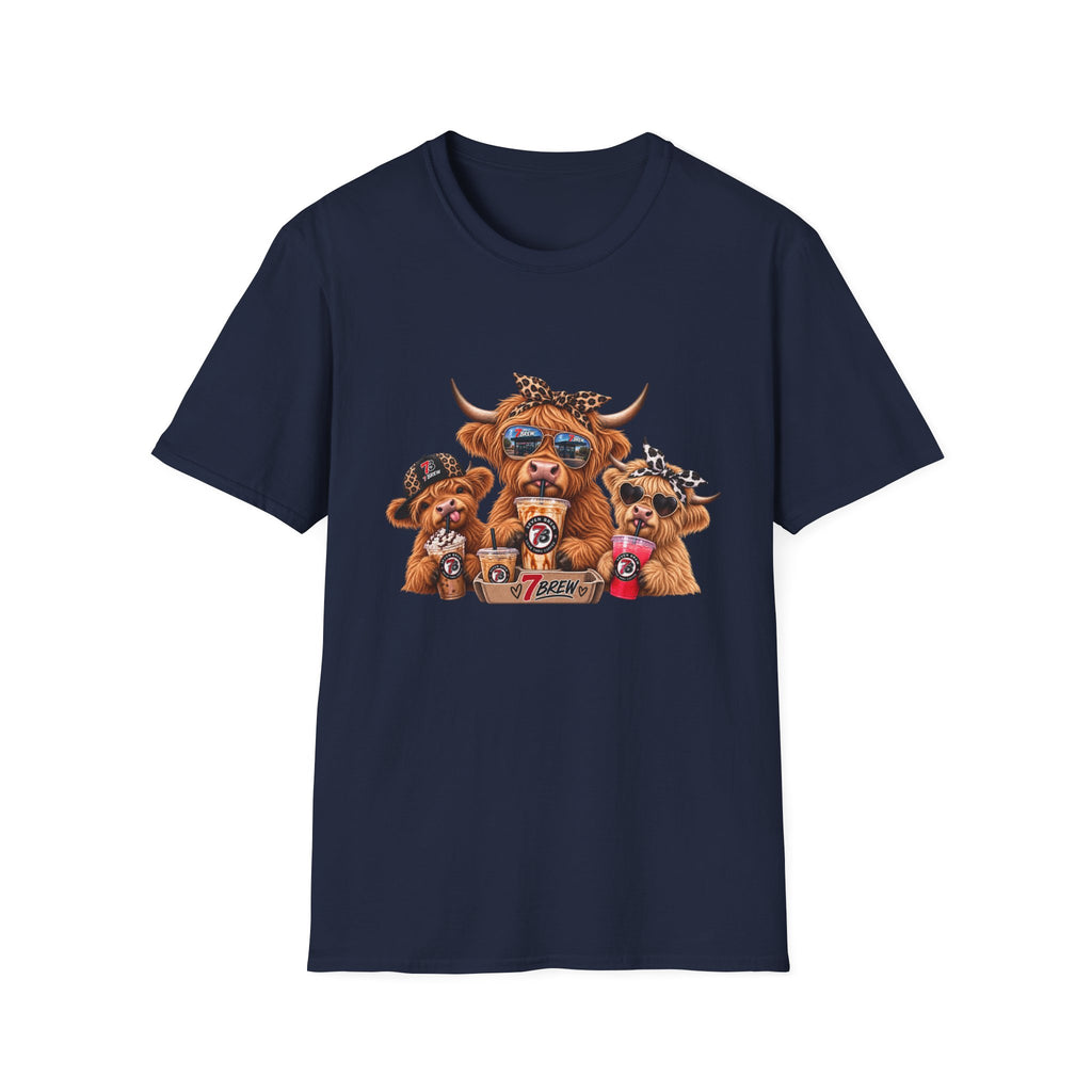 Cow Trio Graphic T-Shirt — Cute Highland Cow Family with Sunglasses & Bandanas