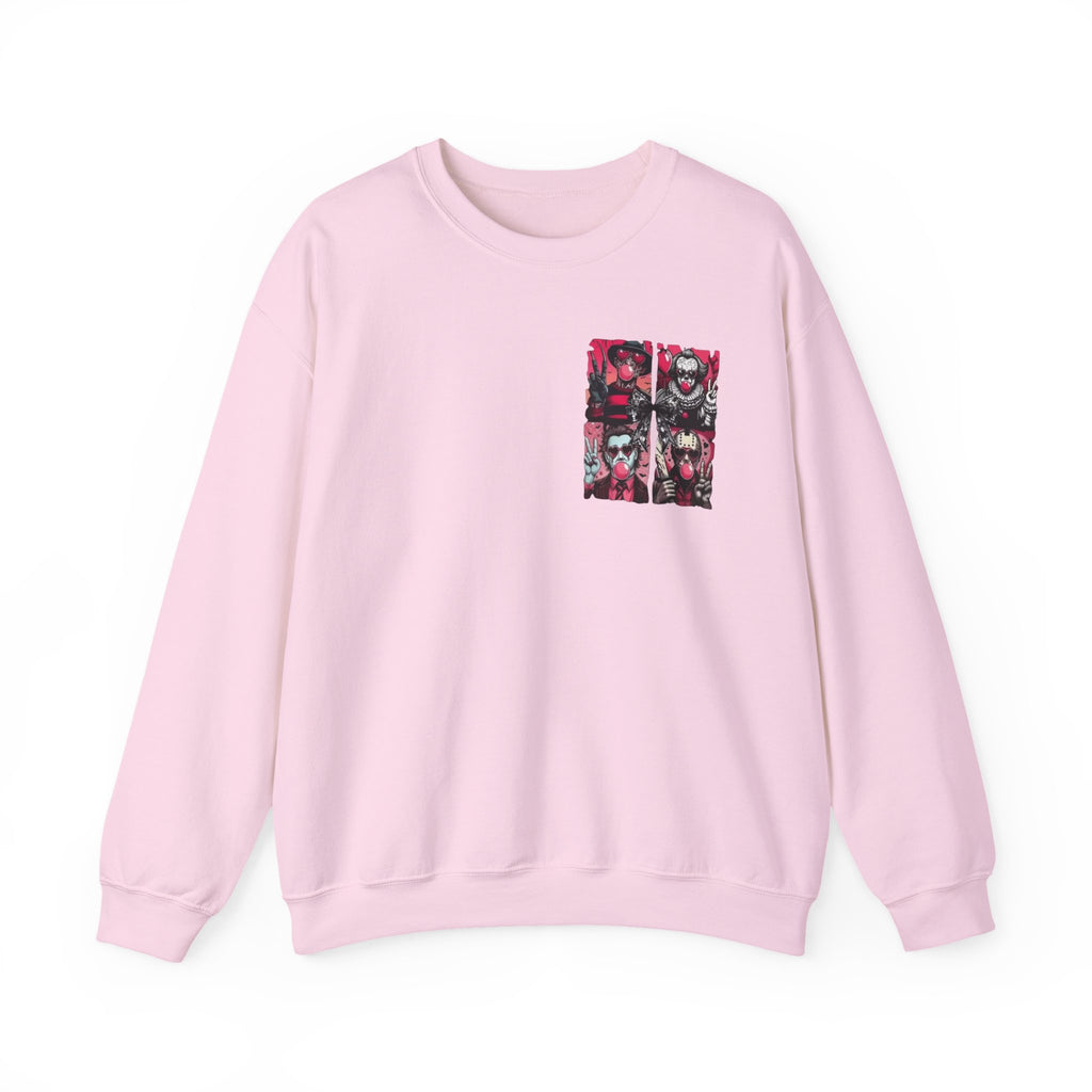 Clown Riot Crewneck Sweatshirt – Pink Horror Patchwork Graphic