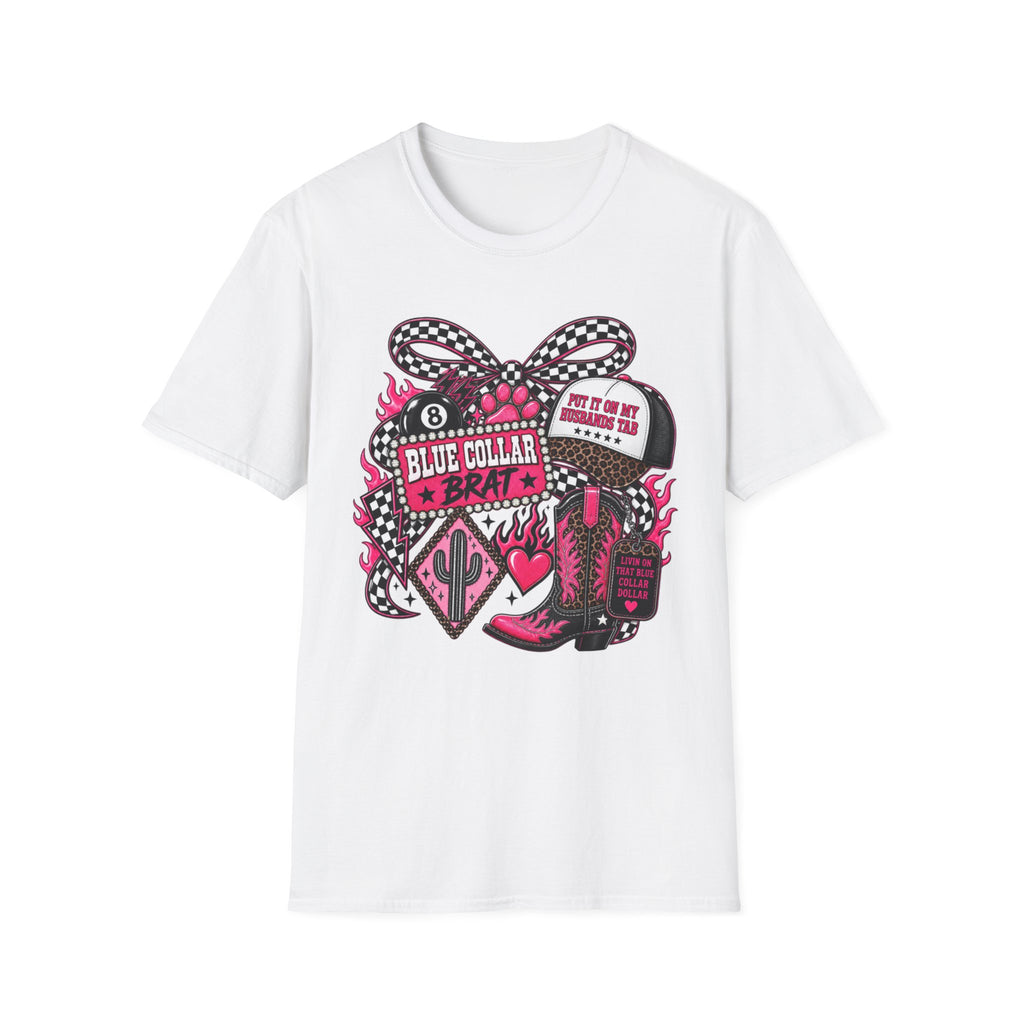 T-Shirt — Blue Collar Brat Graphic Tee (Pink Checkerboard Heart, 'Put On My Workin' Hat')