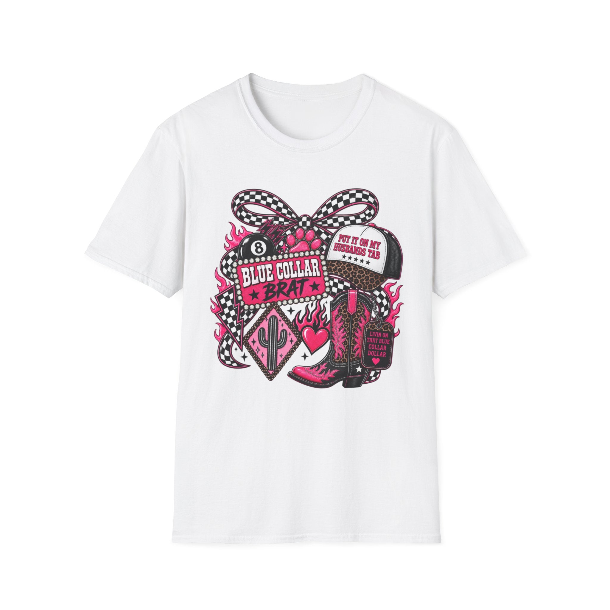 T-Shirt — Blue Collar Brat Graphic Tee (Pink Checkerboard Heart, 'Put On My Workin' Hat')