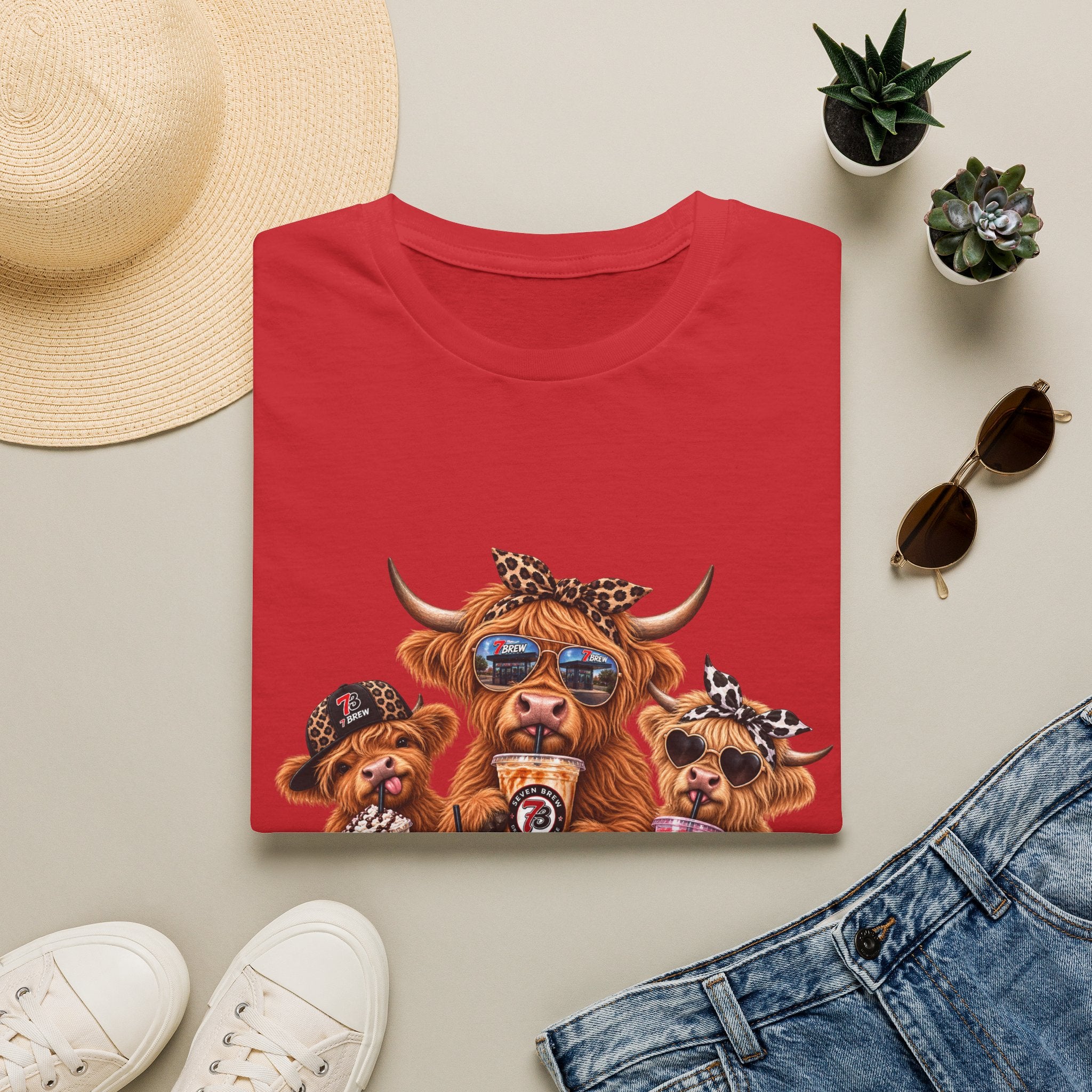 Cow Trio Graphic T-Shirt — Cute Highland Cow Family with Sunglasses & Bandanas