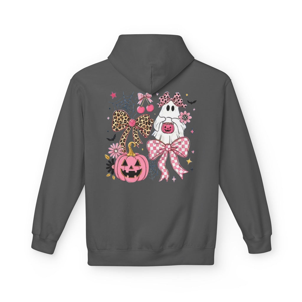 Pink Halloween Ghost Hoodie — Cute Pumpkin, Leopard Bow & Spiderweb Graphic