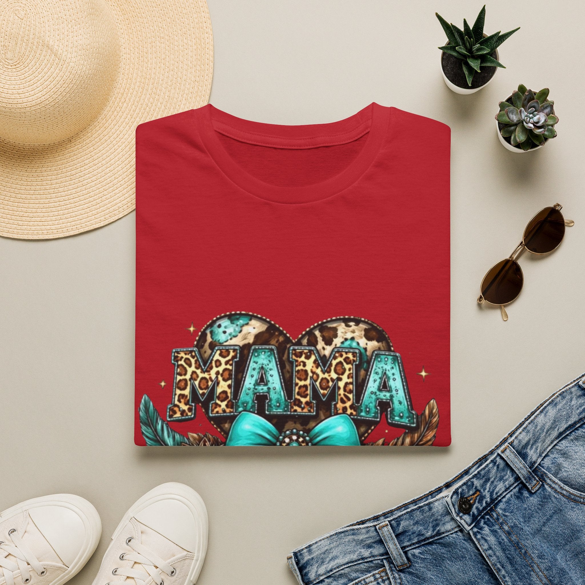 Mama Leopard Heart T-Shirt — Turquoise Bow Mother's Day Tee
