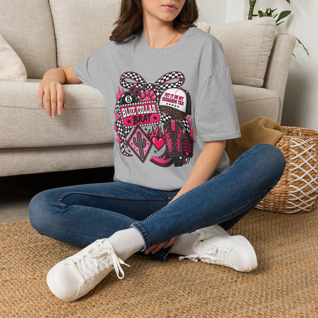 T-Shirt — Blue Collar Brat Graphic Tee (Pink Checkerboard Heart, 'Put On My Workin' Hat')