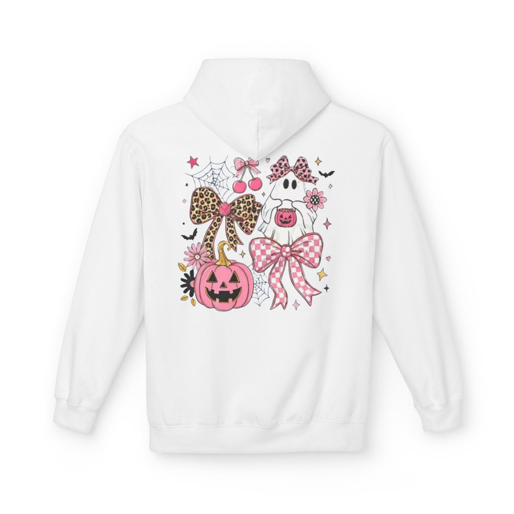Pink Halloween Ghost Hoodie — Cute Pumpkin, Leopard Bow & Spiderweb Graphic