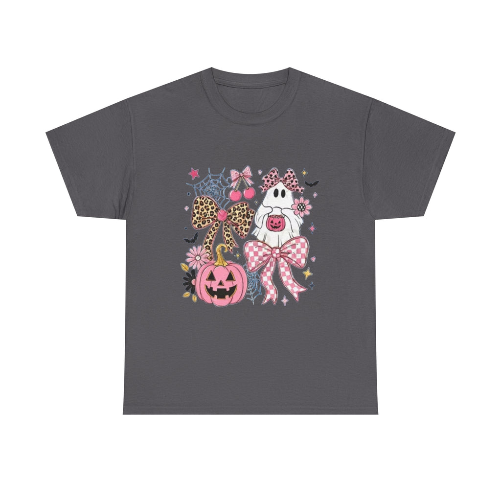 Halloween Pink Pumpkin Tee — Cute Leopard Bow Ghost Graphic Shirt