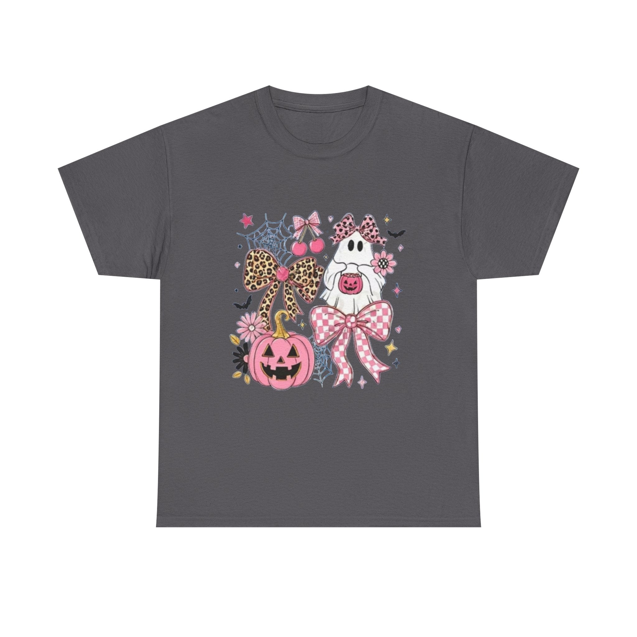Halloween Pink Pumpkin Tee — Cute Leopard Bow Ghost Graphic Shirt