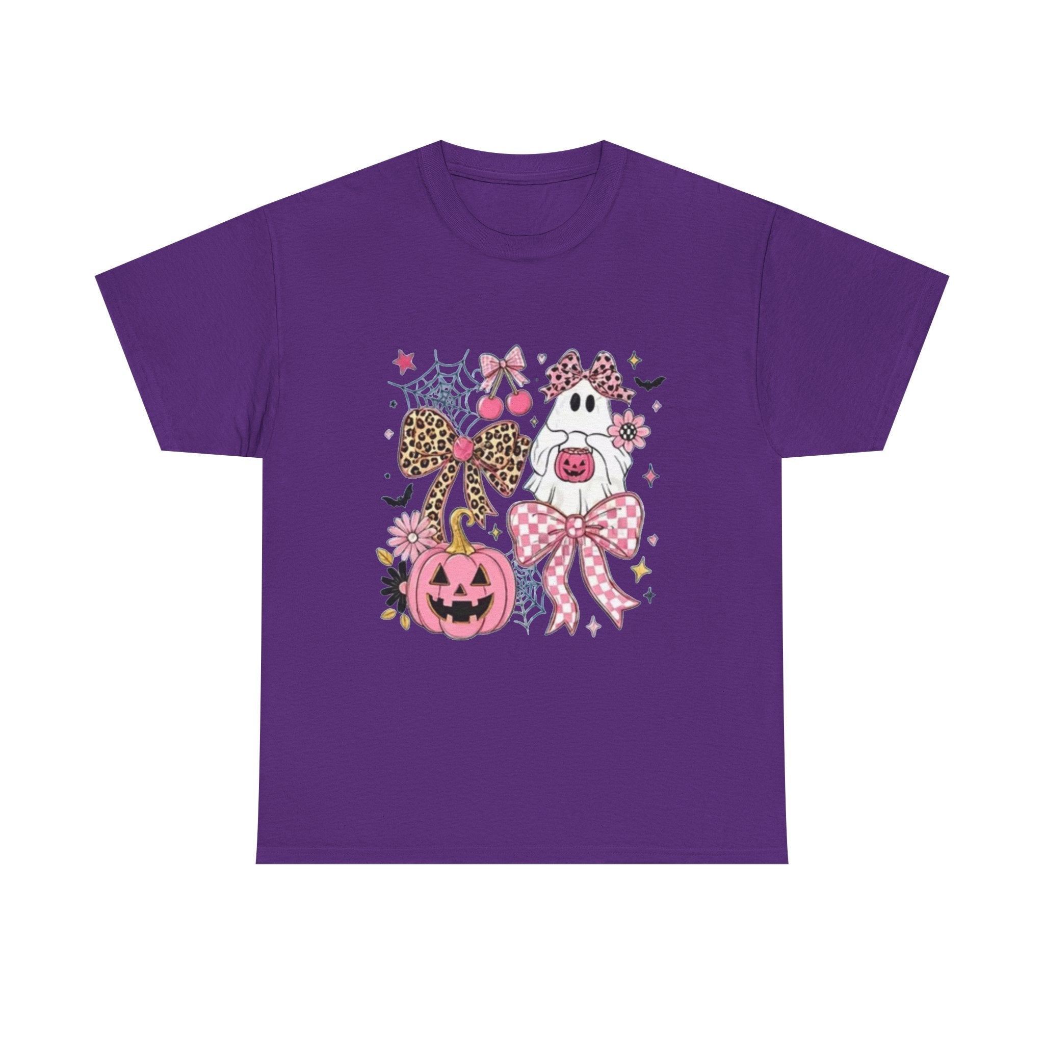 Halloween Pink Pumpkin Tee — Cute Leopard Bow Ghost Graphic Shirt
