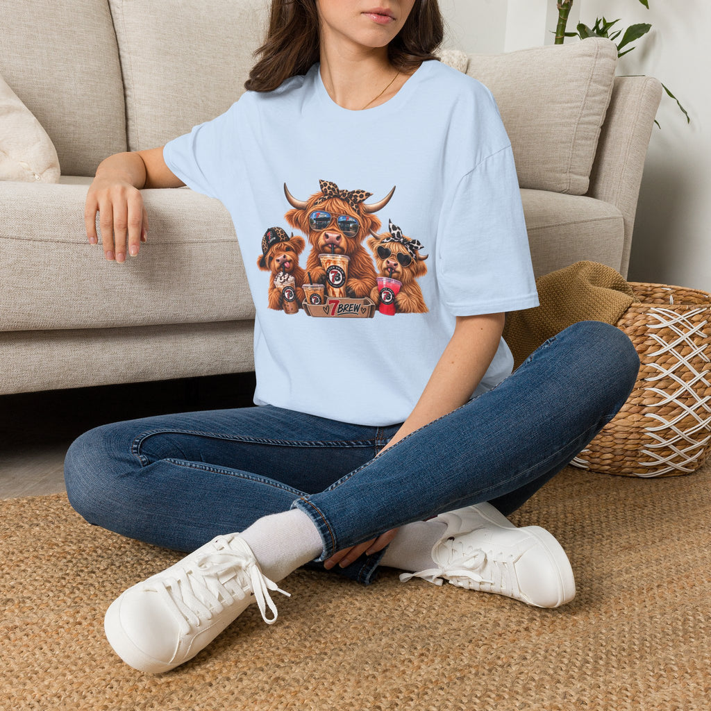 Cow Trio Graphic T-Shirt — Cute Highland Cow Family with Sunglasses & Bandanas
