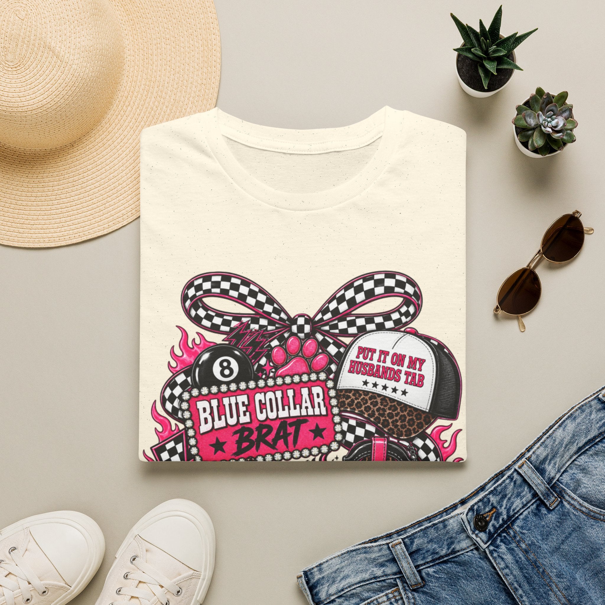 T-Shirt — Blue Collar Brat Graphic Tee (Pink Checkerboard Heart, 'Put On My Workin' Hat')
